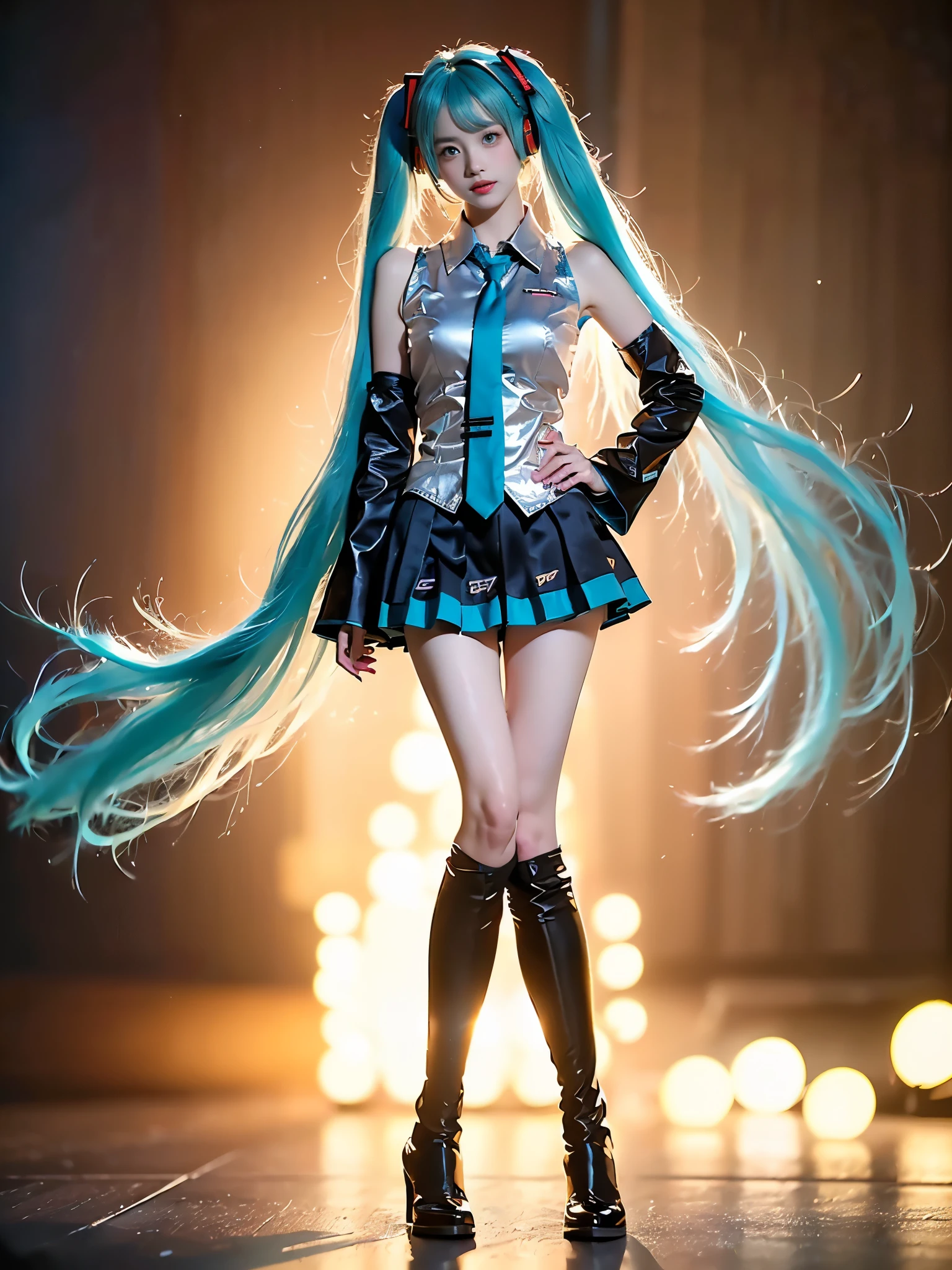hatsune miku cosplay costume, hatsune miku, cosplay, aqua hair, twintails, very long hair, hair ornament, headphones, headset, shirt, skirt, pleated skirt, necktie, aqua necktie, detached sleeves, tattoo, thigh boots
(masterpiece:1.4), (photorealistic:1.3), (cowboy shot:1.3),1girl, beautiful asian fashion model,(anatomically perfect human body:1.8),(perfect golden ratio proportions:1.6),(slim hourglass figure:1.4),(anatomically correct legs:1.8),(perfect leg structure:1.8),(realistic feminine legs:1.7),(straight natural legs:1.6),(legs 1.5x torso length:1.6),(thighs equal shins length:1.6),(smooth continuous leg lines:1.6),(perfect knee structure:1.7),(natural calf muscles:1.6),(proper ankle alignment:1.6),(elegant sitting pose:1.4), against staircase railing,(anatomically natural pose:1.6),(right leg extended at 170 degrees:1.5),(left leg relaxed bent at 110 degrees:1.5),(stable hip position:1.5),professional fashion photography, sharp focus,detailed lighting, 8k uhd, high end magazine style