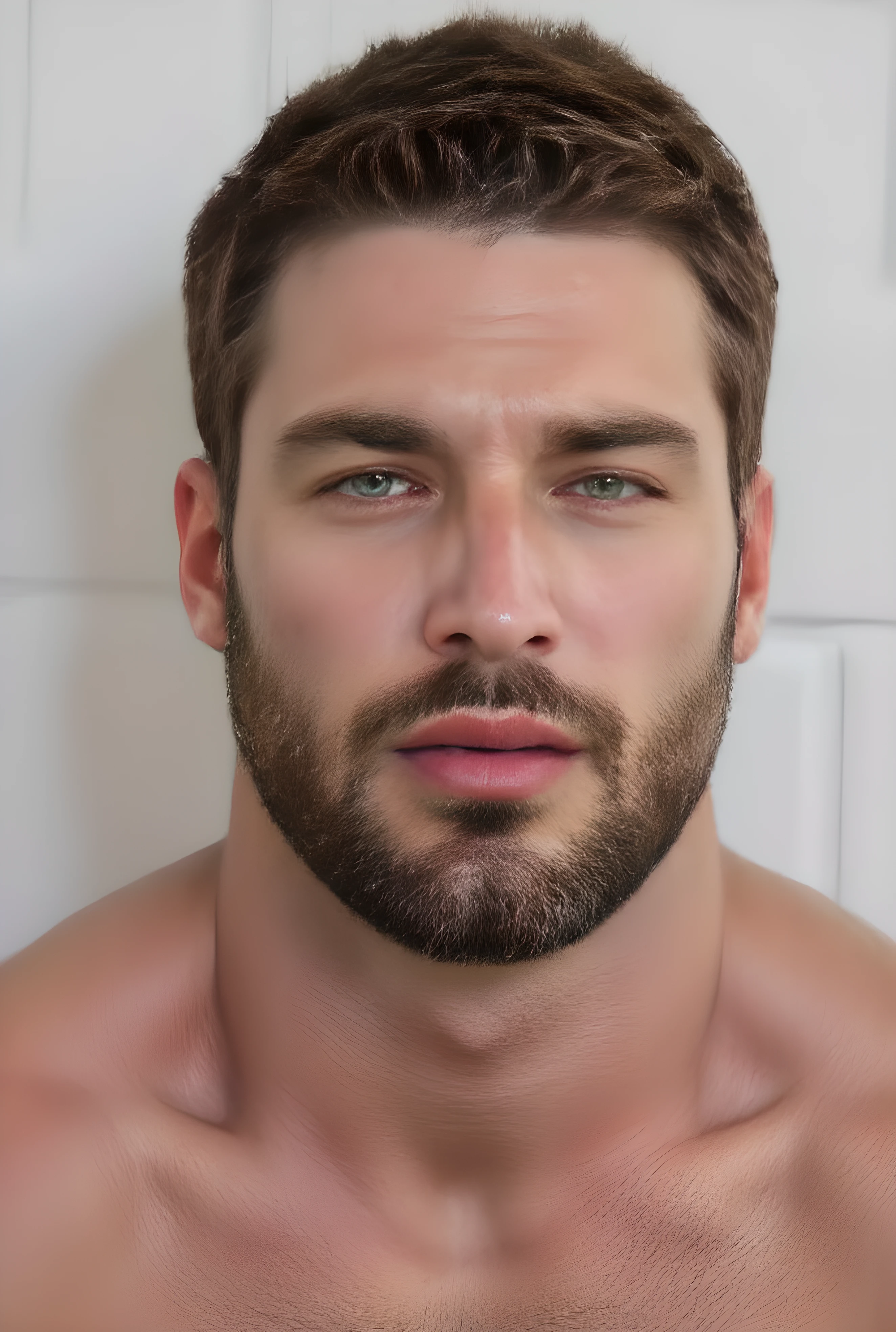 very realistic portrait of a handsome man, ((( identically face shaped original ))), with a 33-year-old man, very masculine face with well-defined and similar characteristics, real details. Short shining hair, . A full and well-trimmed beard, evenly covering the jaw and chin, with wide and straight edges near the cheekbones that enhance the structured facial contours. The face is full and virile and right and natural shadows that give amplitude to the face. A straight and proportional Greek and Roman style nose with a well-balanced width. Thick, eyebrows realistically perfect alpha male masculine, (white-skin:1.5). (Real much Chest-hair:1.5), the face conveys a lot of desire and the sensual and seductive expression and was richly produced. Light perfect eyes in green and expressive with light tightening suggesting a smile in the eyes with wrinkles and lines of happy expression in the external corners combining with the smile style of pulled mouth.Cute male eyes. The lower eyelids are subtly elongated with trimming and descending curvilinear shape. Well-defined realistic lips with masculine thickness, the upper lip forms a cupid arch in heart with 2 defined tips and the lower lip hydrated with shine. Correct eyes so anatomically long sides of the face. Textured white skin highlighting skin pores in a realistic and uniform way, with a natural sun glow on damp skin, emphasizing fine details such as pores of skin texture lines. (Skin texture pores are visible:1.5), (chest-hair:1.5) , showing an athletic but not defined but very physique and with very realistic hair with big muscles and perfect texture, wearing swimming shorts and made of fine cotton in a sweatshirt. The handsome man is casually standing in a shower on the beach, with anatomically perfect and anatomically correct feet and calves, Best qBest quality, High details, best Quality, Super details , (very realistic photo photo:1.3), NIKON, natural light, 8k, definition is very high, XF IQ4, Anatomically (Solo,