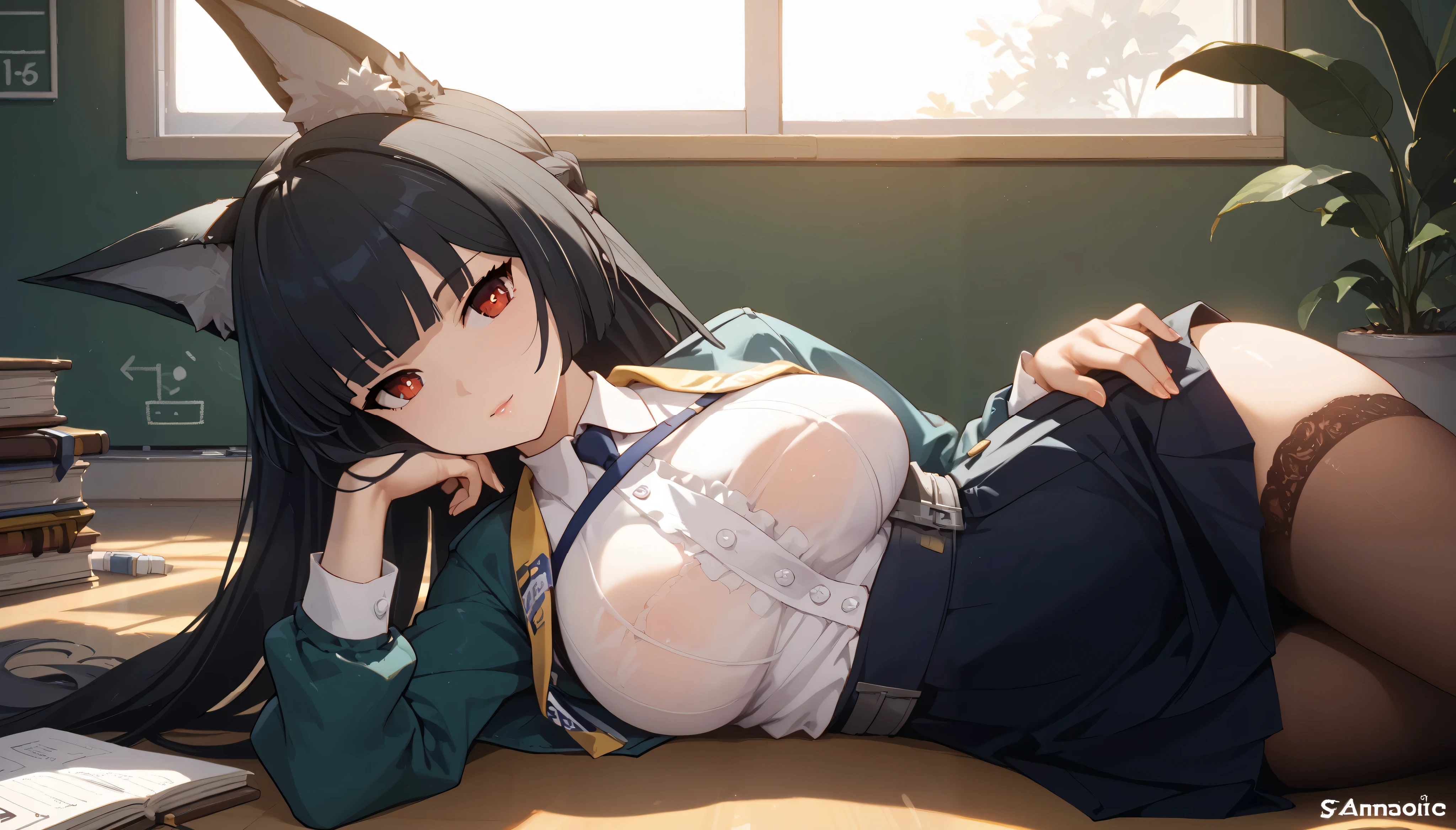 masterpiece, high resolution ,anime art,Anime Numbers, 4k anime wallpaper,Soft Light, Radiant Skin, close-up shot , Unique ,An anime girl masterpiece,Sporadic elegance in the perfect zone,Lying down, long black hair, red eyes, Wolf Ears ,thigh,Big breasts,Classroom Background