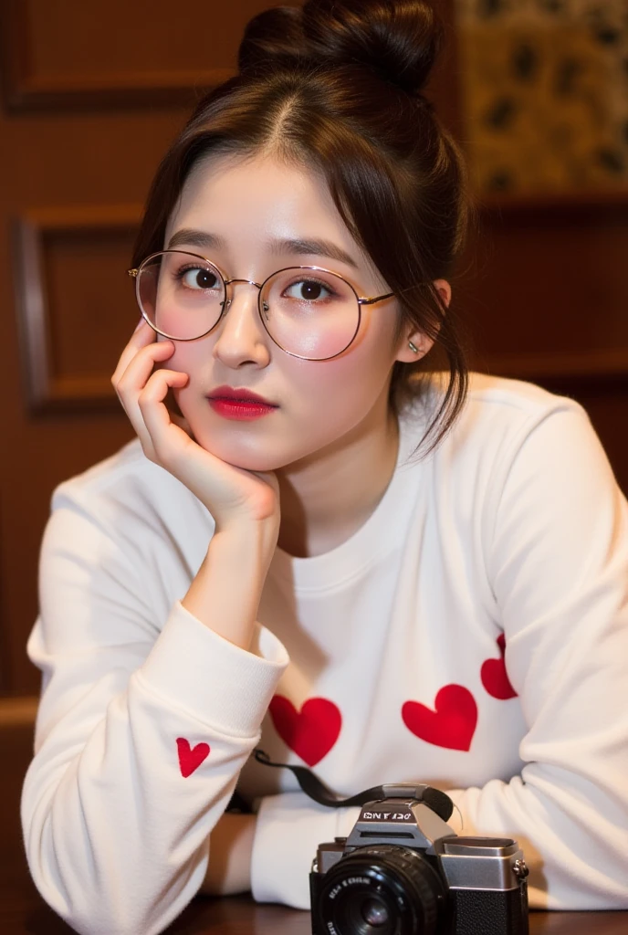 A cute girl with round chubby face with round spectacles in a red heart dotted frock with bees around her
