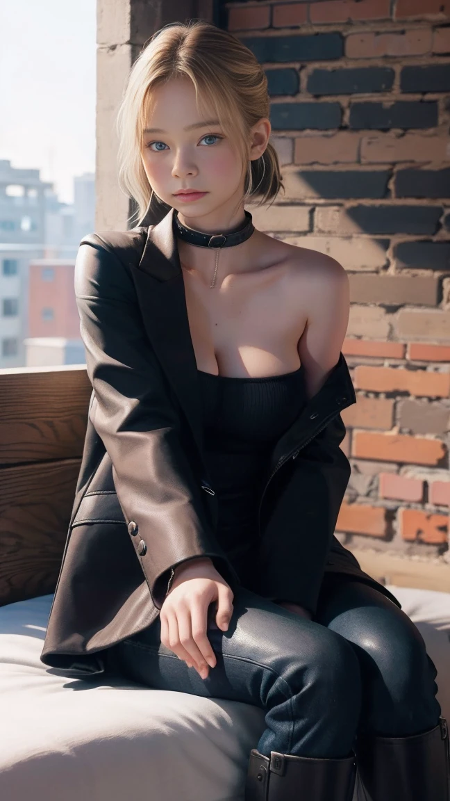 (masterpiece, best quality:1.2), cowboy shot, solo, 1girl, realistic white hair, short wavy hair, purple eyes, average breasts, slender body, light smile, looking at viewer, hands in pockets, dark business suit, deep cleavage, midriff, navel, (braless), black pants, choker, office, night light, night time