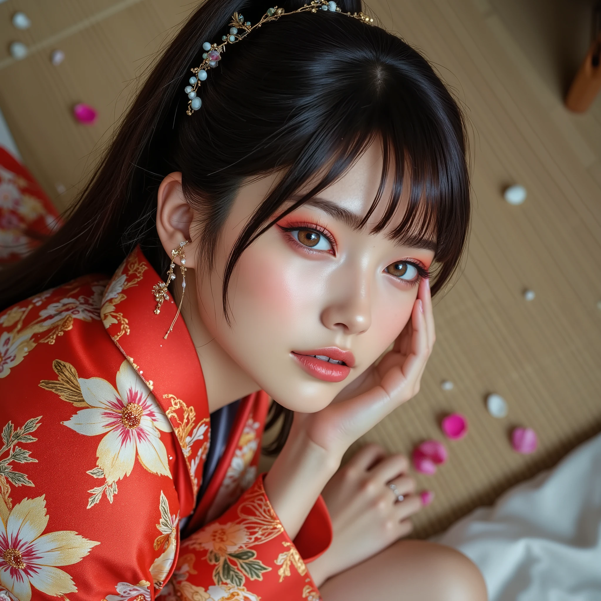 (Canon), (EOS R5), (50mm), (( Photorealistic:1.5)), (No lens flare :1.5), (超 high resolution), (masterpiece), accurate, ( realisticな質感の肌), more details, high detail, High Quality , Award-winning work , 最 High Quality , 32K, is written in depth, digital camera, Award-winning glamour photo , professional writing , ((最 High Quality :1.5)), ((masterpiece:1.5)), (( realistic)), high resolution, (とても美しくて可愛い1 personの日本人女性), ((Aerial view from above :1.5)), (( upper body shot lying on your back from head to knee :1.5)), (Full body shot lying on your back :1.4), ((A half-naked Japanese woman wearing a Japanese kimono)), ((Lying on your back on a beautiful tatami mat in a Japanese-style room :1.5)), (( lying on your back :1.5)), ((( wearing only Japanese kimonos , no underwear, no shoulder straps , Semi-nude:1.5))), ((( The front of the kimono is wide open to see the cleavage between the shoulders and bust :1.8))), (1 person), ((Beautiful and cute, 18 year old Japanese)), (( very cute high school girl with a good shape )), ( beautiful black hair ponytail), Very beautiful and sexy, Fascinating Beauty , seductive pose , Height: 160cm, slim figure, Beautifully shaped bust , D Cup, (A very cute, cheerful smile:1.5), (Alone:1.5), ( brown eyes:1.9), ( Detailed depiction of extremely realistic skin ), (Highly detailed, realistic eyes:1.9), (Very beautiful, long, realistic eyelashes), (Highly detailed, realistic eyebrows), (丸い brown eyes :1.8), ( beautiful catchlight on the eyes), (Realistic lips with moisture ), ( white realistic teeth arranged neatly), ( Beautiful and Detailed Face :1.6), (Hourglass body shape:1.6), (Wasp waist :1.5), ( Perfectly round and beautifully shaped bust :1.8), ( clearly contoured cheekbones :1.5), ( perfect style body :1.8), (Healthy body :1.8), (Narrow shoulders:1.9), ( staring at viewers ), ( seductive gaze ), (Beautiful, natural-looking hands), (Beautiful pink nails of perfect length), ( show your hands as little as possible ), ( very cute smile:1.1), (Waist, I can see my stomach:1.4), Intricate and detailed, colorful depiction , ((A beautiful and pretty red Japanese kimono with an orchid-like floral pattern:1.5)), (( The kimono is large and the shoulders and chest are quite exposed :1.3)), ((( off shoulder:1.8))), ((A beautiful red Japanese kimono with a beautiful flower pattern )), ((Kimono with a flower pattern on red fabric)), ((I can't show my feet)), 女性 1 person, Flower Hairpin, (Ikebana can be seen behind it ), extremely sexy sensual body , , like々 sensual elegance, Sexy Body, Sexy appearance, Lying on the tatami mat in a Japanese-style room, The groin and thighs are exposed , shot taken from directly above, ( Beautiful pink, yellow, and white petals are scattered on the tatami mat), Japanese style hairpin, Japanese Style Hair Ornament, A gentle-looking face, thin waist , ( Beautiful cleavage of the bust can be seen quite a bit ), ((I can't show my feet)), blur the background , Illuminate the face, dynamic pose, beautiful body line , Beautiful, realistic skin , Art Photography, beautiful soft lighting ,