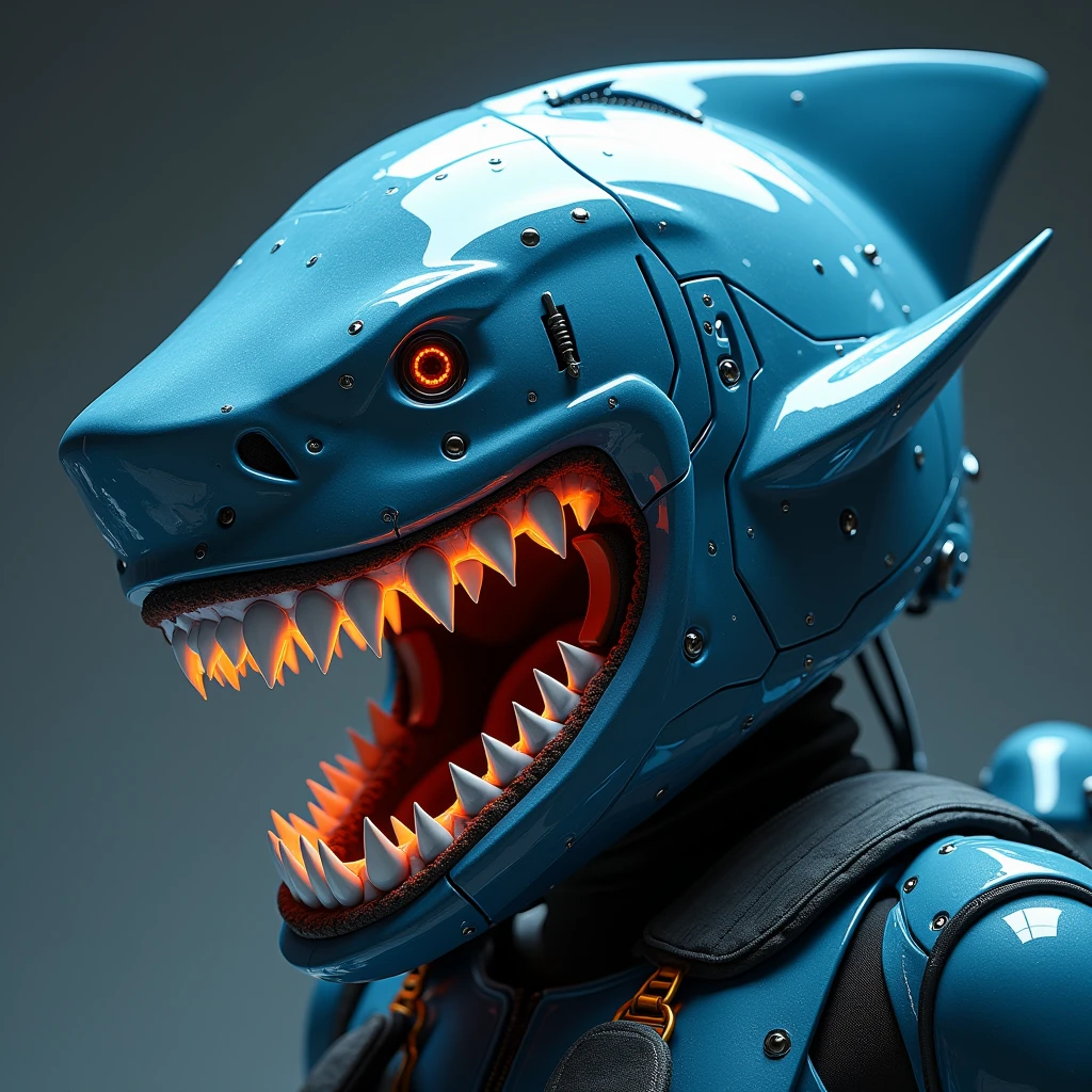 A cyborg Shark Girl doctor, Shark-themed design, devilcore art style, best quality, 4k, 8k, highres, masterpiece, ultra-detailed, realistic, photorealistic, photo-realistic, HDR, UHD, studio lighting, ultra-fine painting, sharp focus, physically-based rendering, extreme detail description, professional, vivid colors, bokeh, dark moody lighting, gothic horror, dark fantasy, intricate details, mechanical parts, feathers, glowing eyes, ominous atmosphere, dramatic lighting, black and red color palette