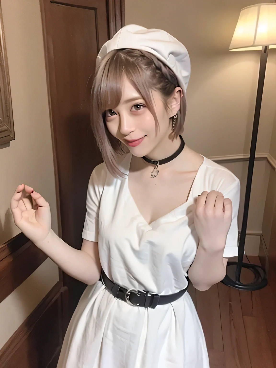 Depict a 20-year-old, very beautiful woman in a luxurious mansion room. She is dressed in a classic black-and-white maid outfit with a short hem and wearing a white brim cap. Her expression is confident, and she is smiling warmly. The setting includes elegant furnishings and decor typical of a grand estate, with soft, natural lighting to enhance the sophisticated atmosphere. ショートヘア。