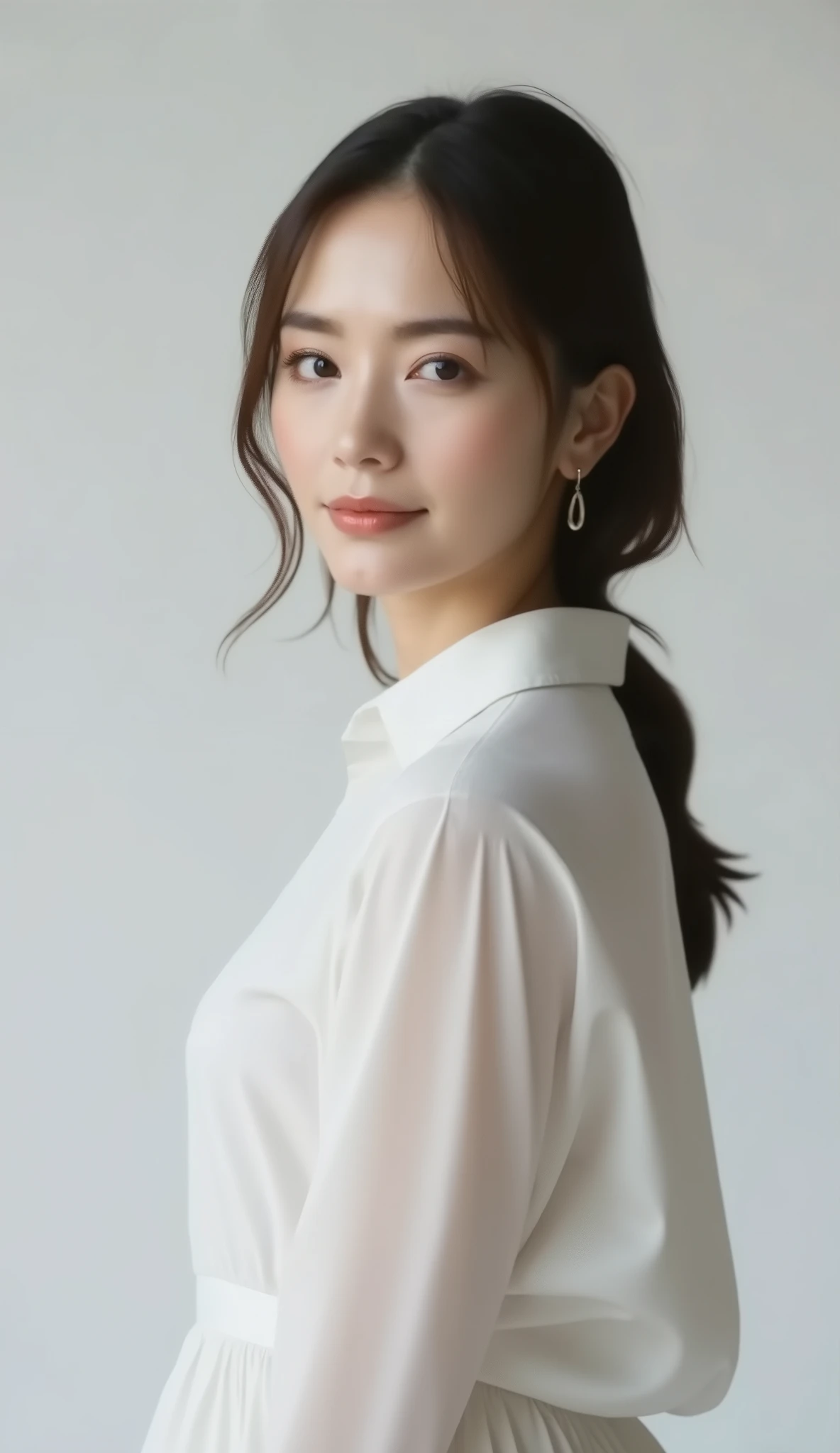  white shirt、woman、中央にwomanの顔、womanの上半身