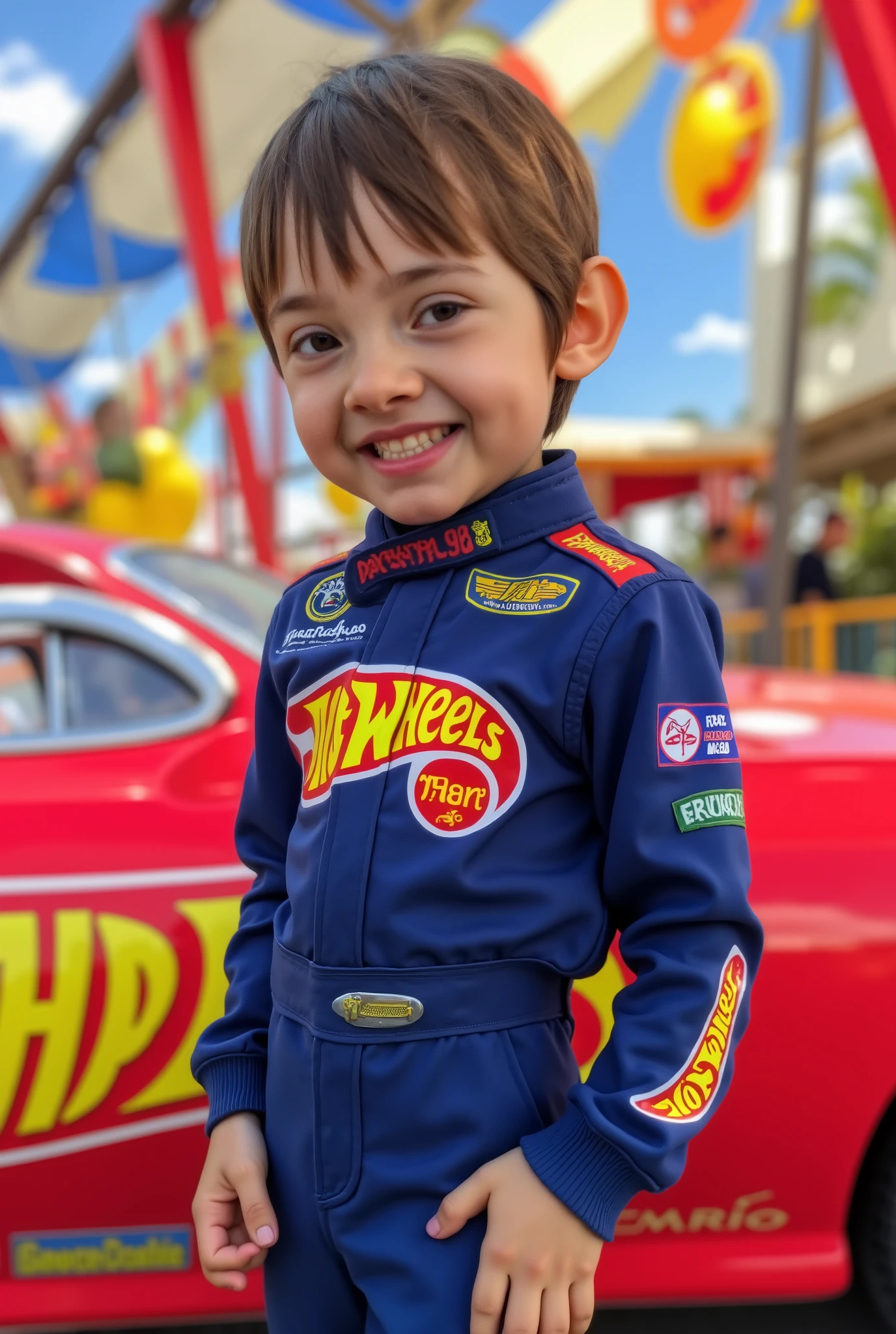 A ((cartoon:1.6 illustration)) of a boy wearing a racer suit , hot wheels logo, vivid color.