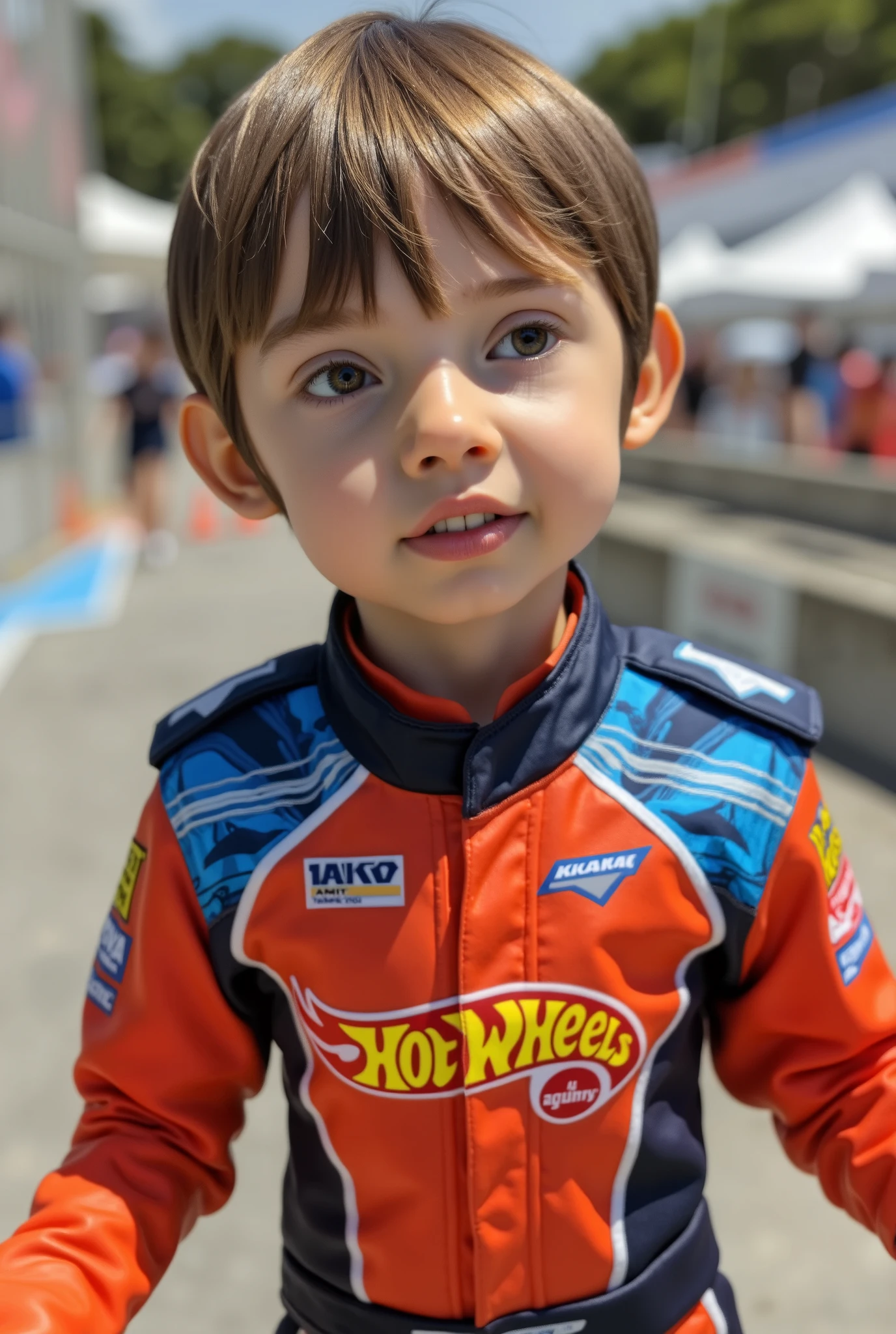 A ((3D illustration:1.6)) of a boy wearing a racer suit , hot wheels logo, vivid color.