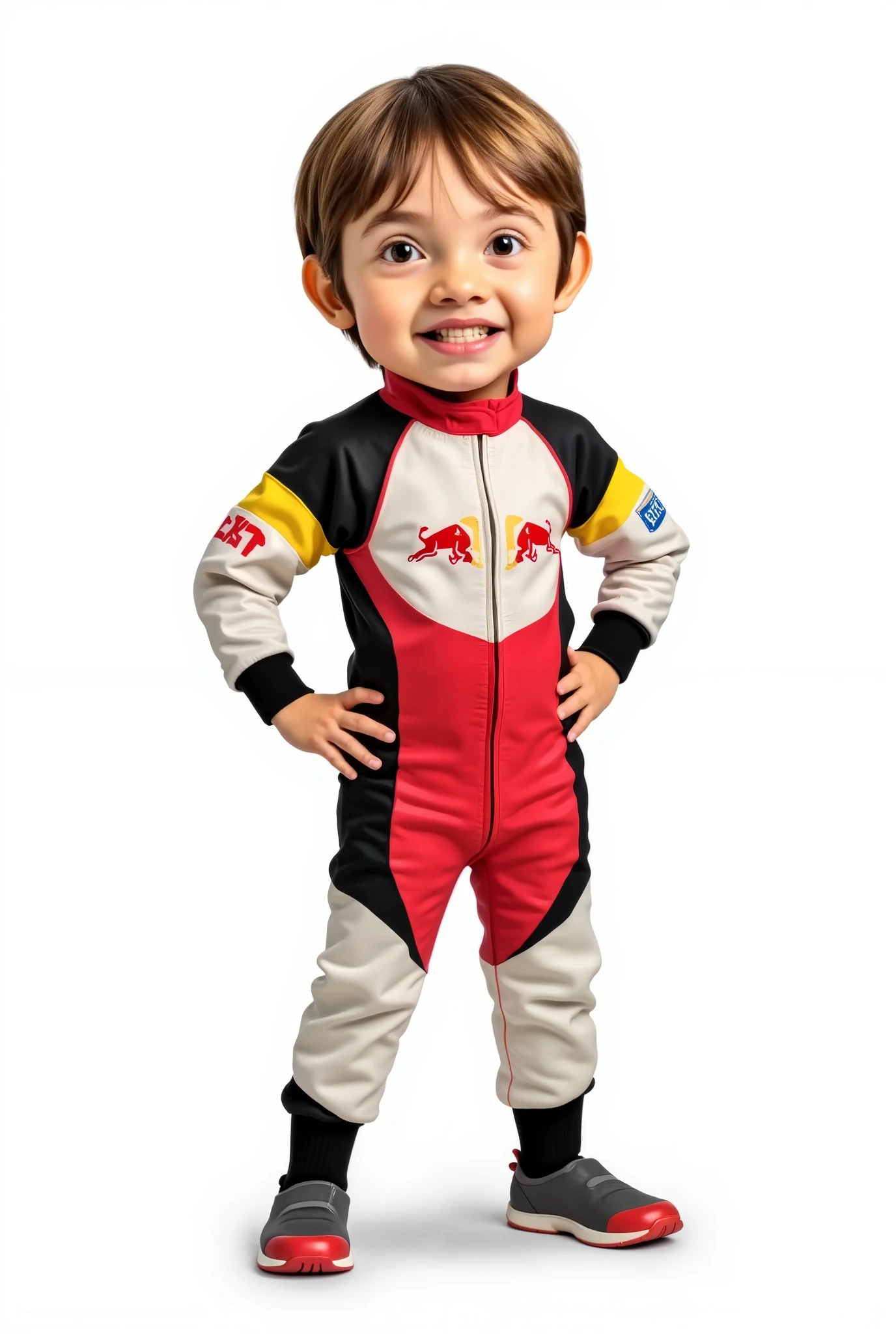a (vector ilustration:1.6, comic style)) of a young boy standing in the middle of the image, wearing racing suit, white background.
