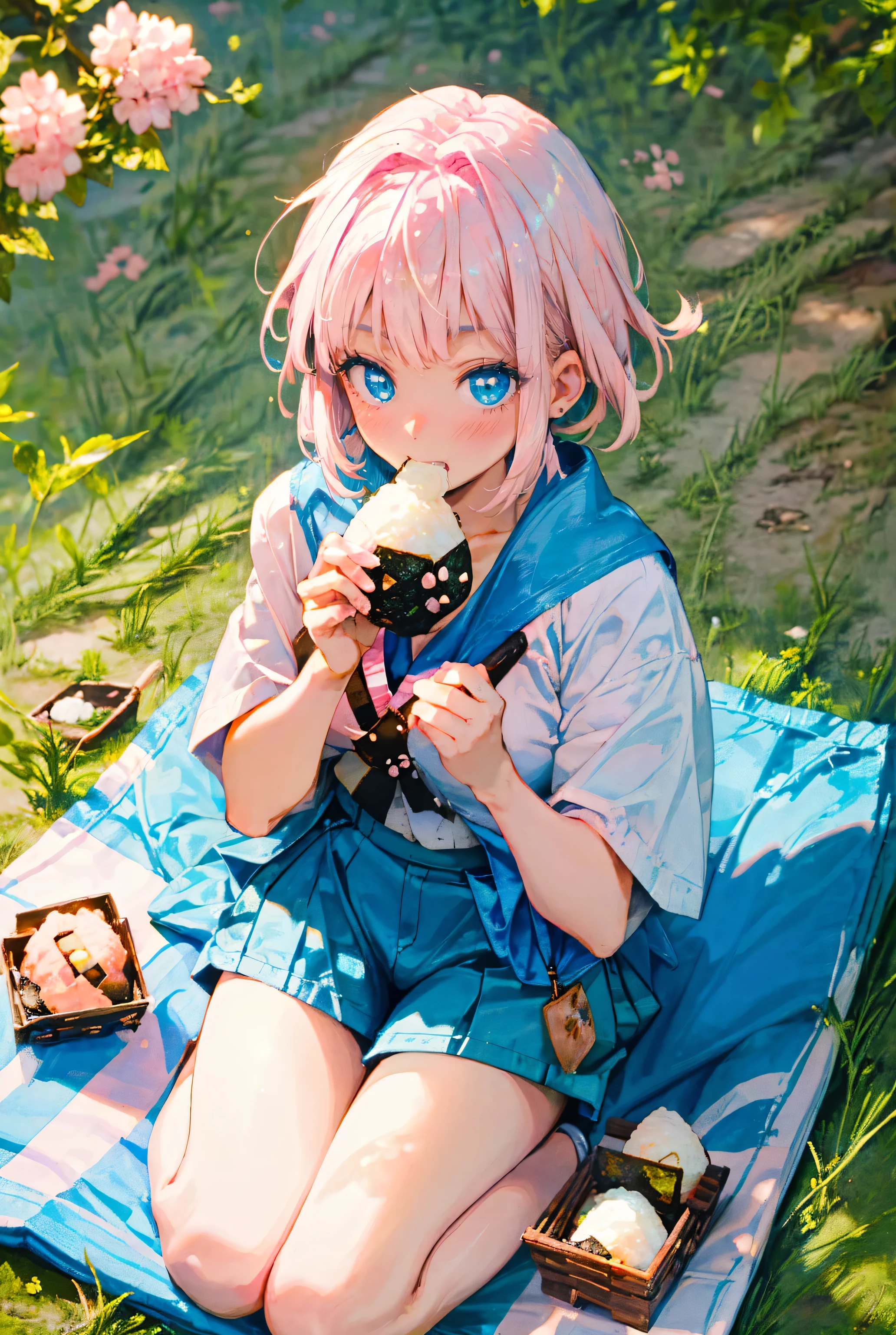 high quality,ultladetail,masterpiece,
1girl,cute,smile,(((pink short hair,blue eyes))),
((She eating 1onigiri)),outdoor,picnic,sunlight,
from above,