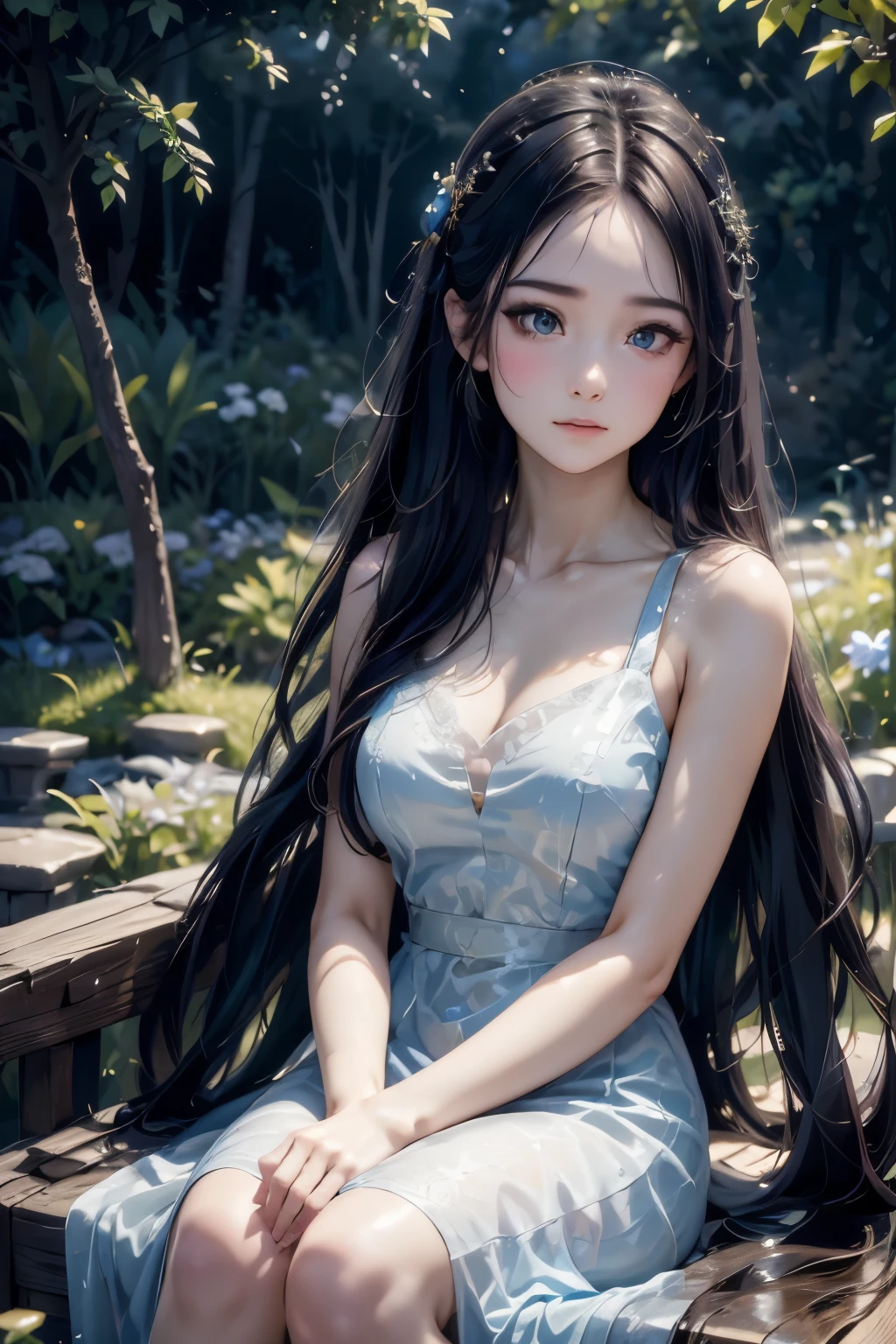 (best quality,4k,8k,highres,masterpiece:1.2),ultra-detailed,realistic,black and white,dark,star-filled night sky,vibrant colors,soft lighting,beautiful detailed eyes and lips,sitting girl in a long flowing dress,playing the violin passionately,whispering sound of the strings,magical atmosphere,enchanted surroundings,mystical aura,ethereal beauty,moonlit garden transcending reality,lost in the music's embrace,faint reflection on the pond's surface,melancholic yet captivating,subtle wind rustling the leaves,intense emotion in her expression,gentle shadows caressing her face,evoking a sense of awe and wonderment.