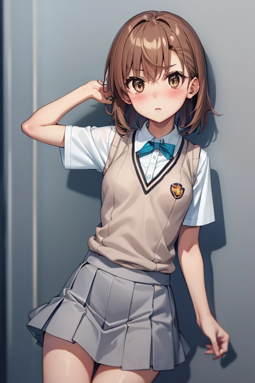 Smooth anime CG art、Focus Only、1 girl、View from the side、Upper Body、(((Grey Skirt)))、Sweater vest、Short sleeve、(((Small breasts)))、(((sweat)))、Semi-short hair、(((Sweaty)))、Watery eye、blush、(((Embarrassed look)))、((Open your mouth))、(((Are standing)))、(((Spread your legs)))、((indoor))