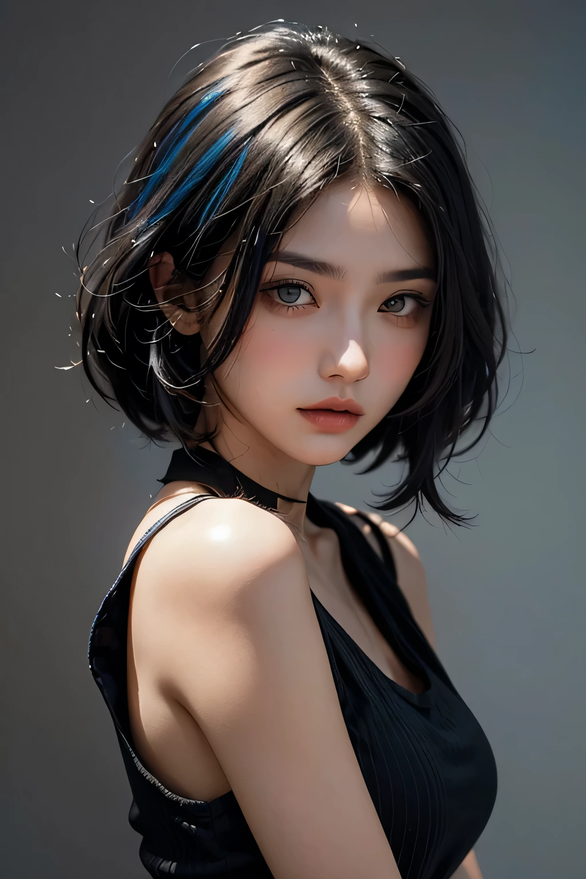 "An real-style portrait of a young woman with short, straight black hair with blue streaks at the ends. She has a calm yet slightly melancholic expression, with sharp eyes and subtle makeup. She wears a loose black top, and the background is a solid soft blue, minimal and clean, focusing attention on the character's face and hairstyle."