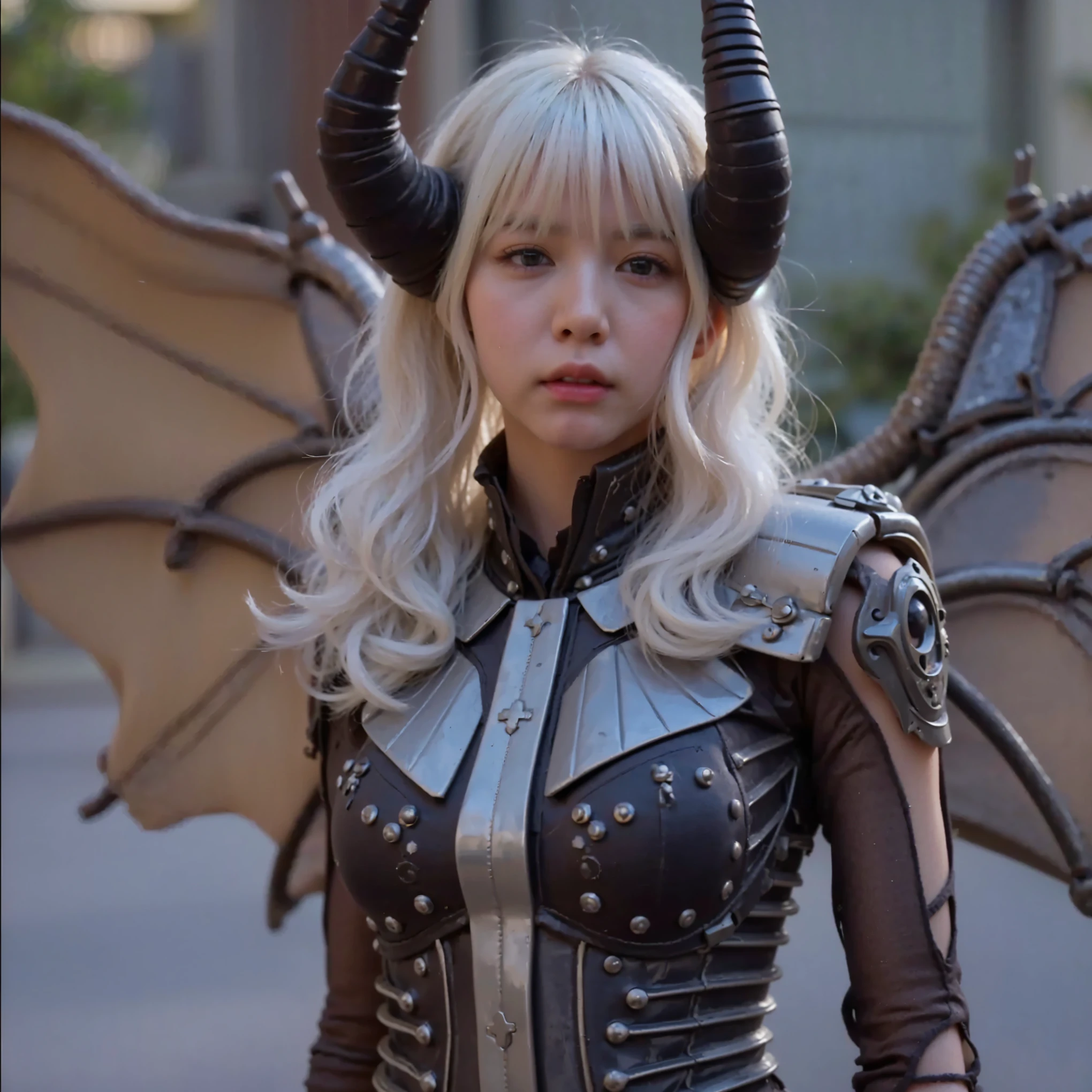 (Completely live action:1.37), (Amazingly realistic textures:1.37), (masterpiece, best quality:1.2), (8k uhd, 16k, 32k, ultra high res), amazingly realistic skin, amazingly realistic photo, superrealism, (photorealistic:1.37), (RAW photo), ultimately realistic, (ultimately realistic all details), (ultimately realistic all textures), super realistic lighting, super realistic shadow, (japanese girl:1.5), (realistic idol face), smiling, happy, super realistic face, ultimately realistic skin, ultimately realistic eyes, (mascara:1.35)ultimately realistic background, ultimately realistic detail up, (kkw-ph1:1.25), (Canon EOS R6, 85mm, 1/200s, f/5.6, ISO 1600), (tattoo), (mechanical armor:1.37), (blue eyes:1.2), (silver hair:1.3), (tareme:1.5)