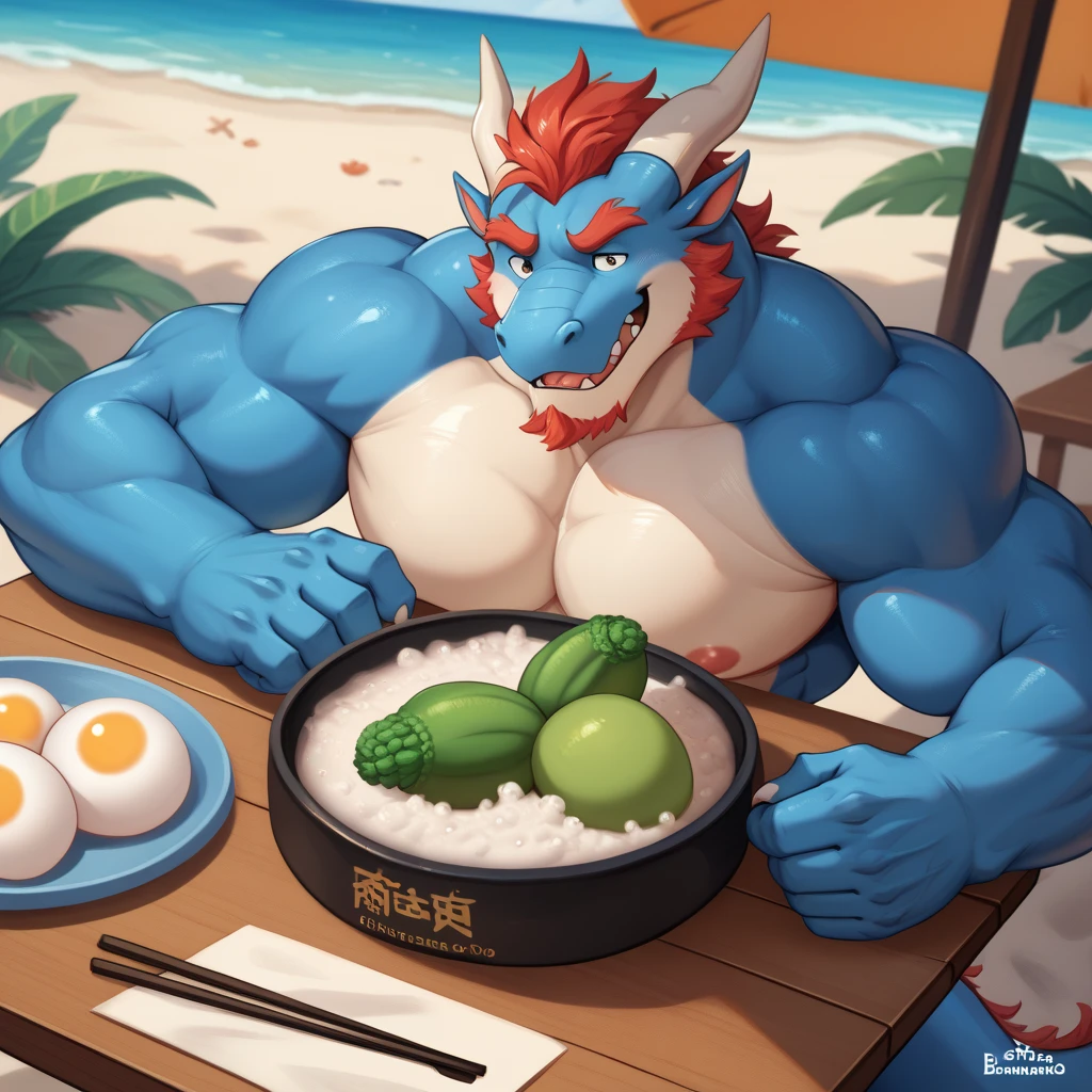Feraligatr, bara, muscular, huge muscles, perfect body, big biceps, musclegut sitting on the beach, sunset