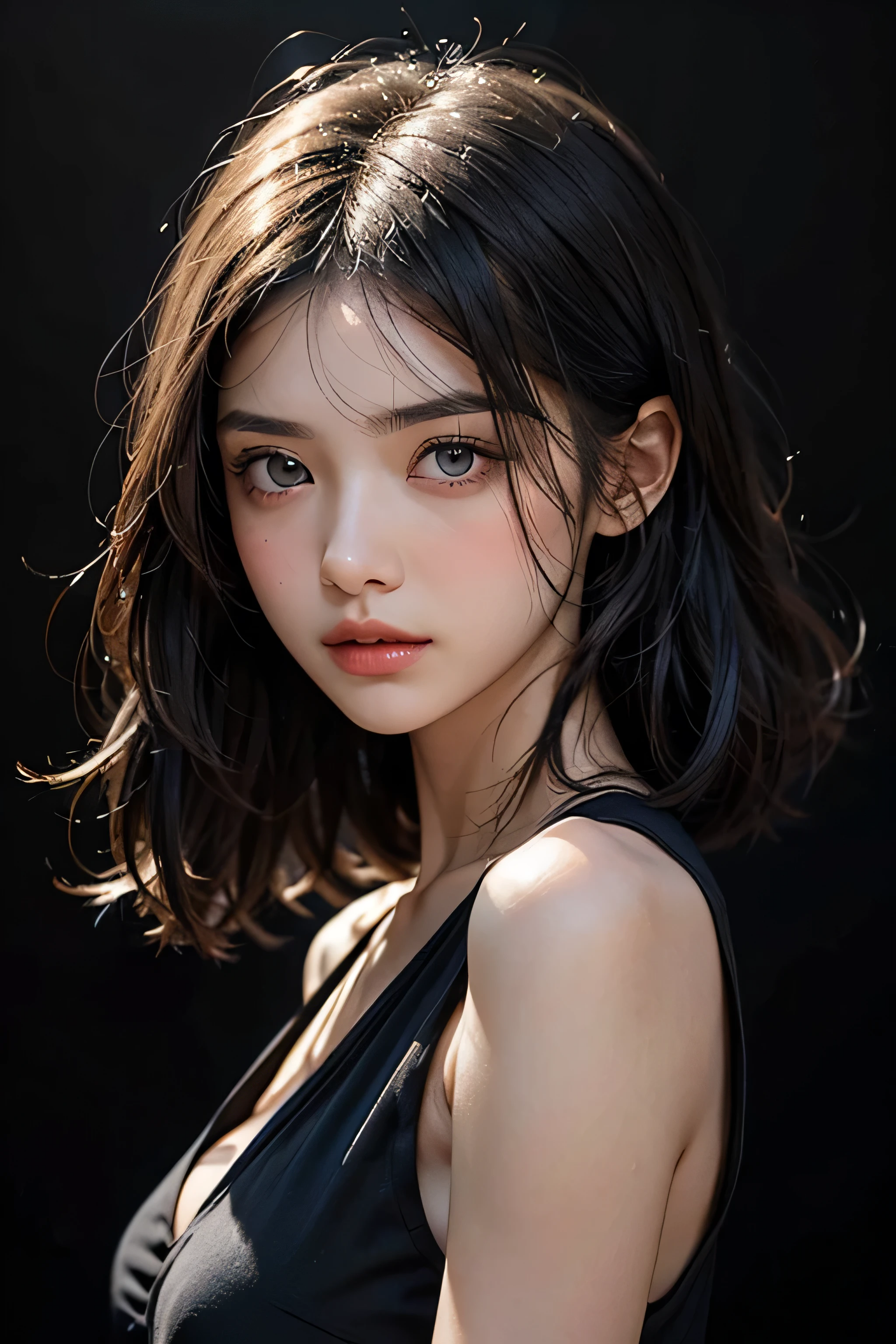 "An real-style portrait of a young woman with short, straight black hair with blue streaks at the ends. She has a calm yet slightly melancholic expression, with sharp eyes and subtle makeup. She wears a loose black top, and the background is a solid soft blue, minimal and clean, focusing attention on the character's face and hairstyle."