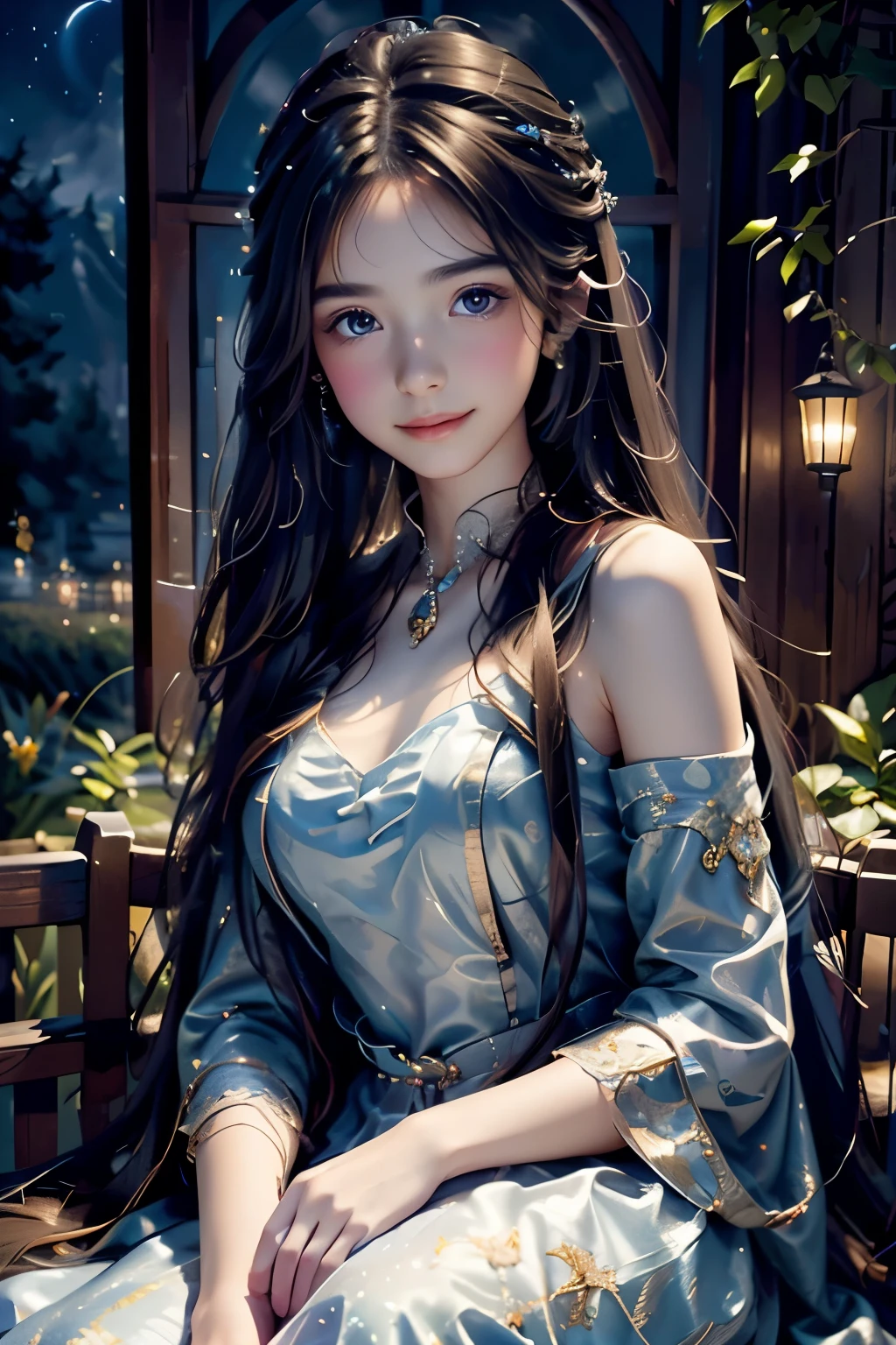 best quality,realistic,portrait,night scene,vivid colors,beautiful detailed eyes,beautiful detailed lips,long hair,flowing dress,melodic music,sparkling stars,moonlight,soft glow,gentle smile,peaceful atmosphere,painterly style,ethereal beauty,masterpiece:1.2