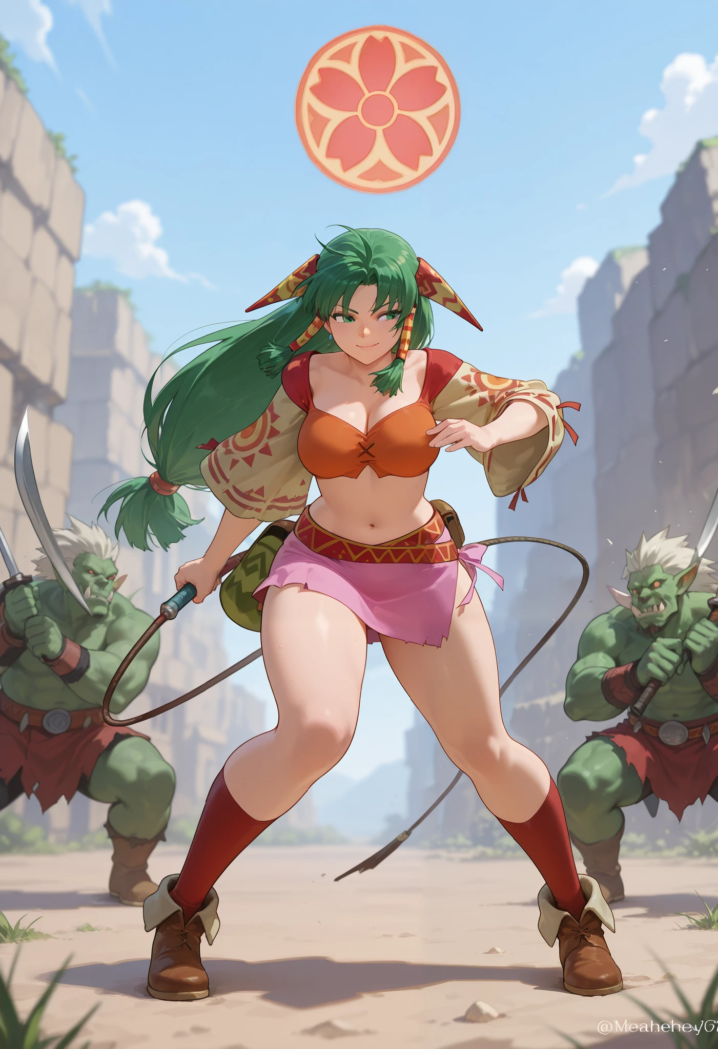 26 yo, face look alike to feena from \(Grandia\), Beautiful Mature young milf, (mature woman with lean perfection abdomen), sweet sweet decissive expression - serious expression, confident smirk, large natural breasts, Curvy body, (outdoor-holding a decorated gladius-knife with 1hand and a whip another hand - ready to fight a pack of wolves in fantasy classic Grandia settings), battle stance, solo, 1girl, BREAK, She wears an orange bra top that leaves her abdomen exposed, paired with a small short pink skirt held up by a thin red belt. Covering her arms is a tan-colored shawl adorned with red sun patterns on both sleeves. Her long green hair flows down her back, with some sections tied through two patterned hair accessories. She completes her ensemble with ripped red socks that extend past her knees and brown shoes featuring tribal patterns similar to those on her belt and shawl, official arts, dynamic jrpg view, cinematic dynamic angles, fantastic fantasy vibrant background, fighting monsters, surrounded by monsters orc goblins,