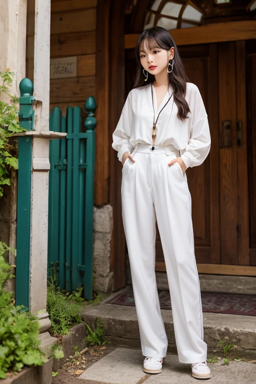 her name is Amelie, high quality, 1girl, ((25-year-old fit Caucasian woman)), ((large_breasts)), ((25 years old)), ((fit,thin belly)), ((straight auburn hair)), pose: standing, wearing Popular Generation-Z modern wear elegant colored, BACKGROUND:  "Strolling through Monet's garden, with its famous water lily pond and Japanese bridge."