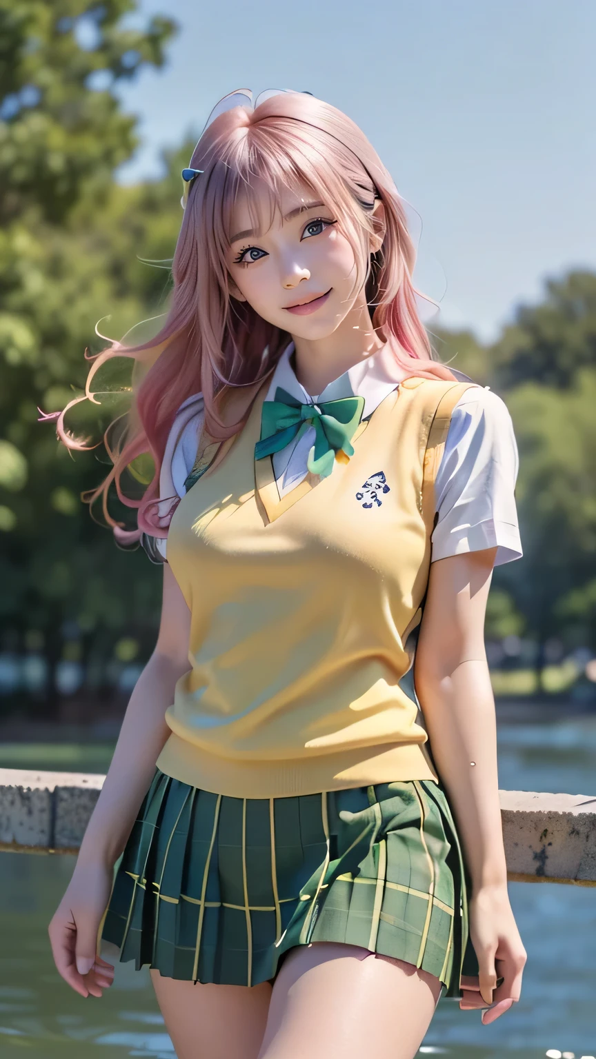 ((( top quality ))), ((Masterpiece)), ( Details), ((Alone)),((((((aalala , long hair, ahoge, hair ornament, green eyes, breasts, school uniform, green bowtie, collared shirt, white shirt, sweater vest, yellow vest, short sleeves, plaid skirt, green skirt, pink hair)))))), ((( slender body, big breasted , Cleevidge ,Wide ass, big ass, thick thighs, thin legs , tight hips in the water))), (( cameltoe, camel toe ,from below, low angle)),(( growing skin , white skin, growing skin )), Mysterious Light, ((( well-prepared face ))), (( big eyes)), ((((((Droopy eyes)))))), (( random angle )), (((( accurate anatomy )))), Completely-valid , eyeshadow , pink blush, earrings, necklace,(( Sexy Poses )) Squat position , proceed carefully ,