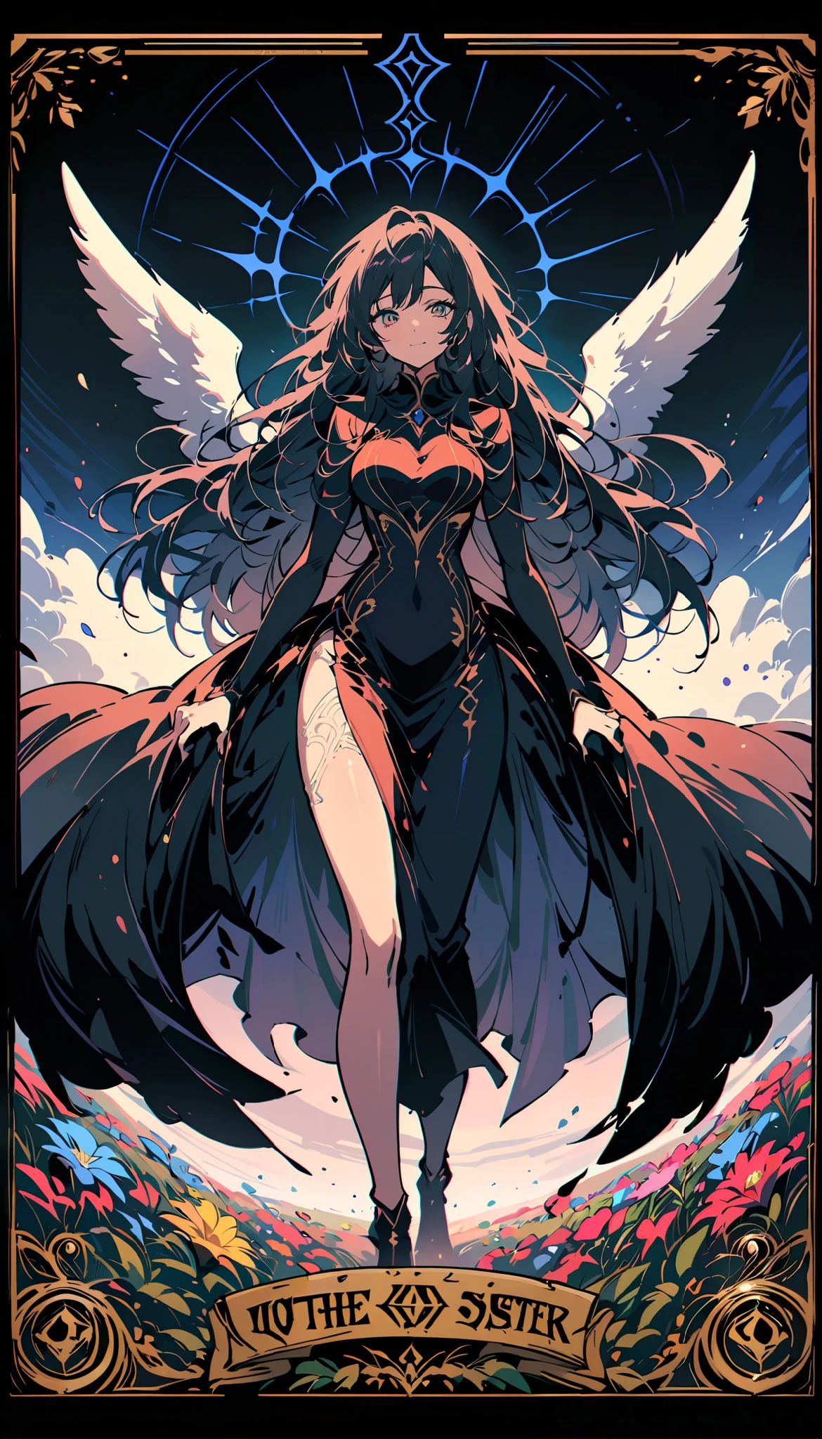 Alfred Kubin style ,Tarot cards,Angel,sacred,Big Sister, huge wings,feather, long hair,Chuckling, (From below),(Spread your wings and slowly land from the sky),Half Body,invite, white and flawless clothes from the sky,( Magical Sky 、Expansive flower fields ),close up,8K, high quality , masterpiece,very good, rich details, Best Quality , HD quality ,, highly detailed face and eyes.
