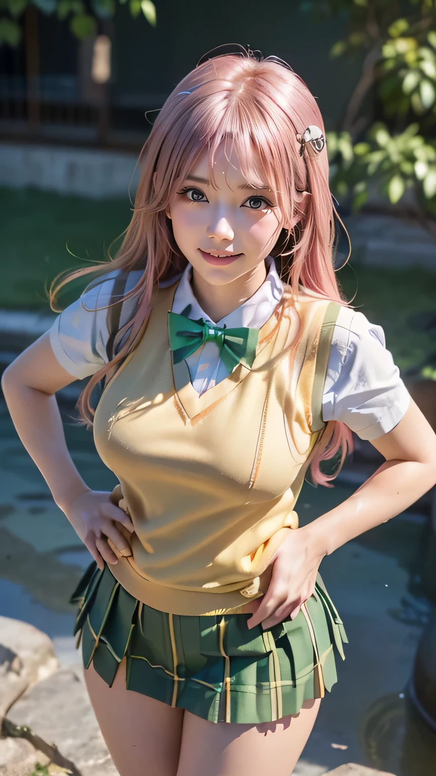 ((( top quality ))), ((Masterpiece)), ( Details), ((Alone)),((((((aalala , long hair, ahoge, hair ornament, green eyes, breasts, school uniform, green bowtie, collared shirt, white shirt, sweater vest, yellow vest, short sleeves, plaid skirt, green skirt, pink hair)))))), ((( slender body, big breasted , Cleevidge ,Wide ass, big ass, thick thighs, thin legs , tight hips in the water))), (( cameltoe, camel toe ,from below, low angle)),(( growing skin , white skin, growing skin )), Mysterious Light, ((( well-prepared face ))), (( big eyes)), ((((((Droopy eyes)))))), (( random angle )), (((( accurate anatomy )))), Completely-valid , eyeshadow , pink blush, earrings, necklace,(( Random Sexy Poses )) ,