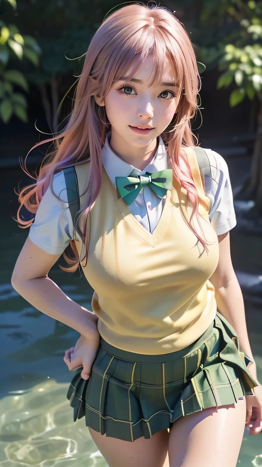 ((( top quality ))), ((Masterpiece)), ( Details), ((Alone)),((((((aalala , long hair, ahoge, hair ornament, green eyes, breasts, school uniform, green bowtie, collared shirt, white shirt, sweater vest, yellow vest, short sleeves, plaid skirt, green skirt, pink hair)))))), ((( slender body, big breasted , Cleevidge ,Wide ass, big ass, thick thighs, thin legs , tight hips in the water))), (( cameltoe, camel toe ,from below, low angle)),(( growing skin , white skin, growing skin )), Mysterious Light, ((( well-prepared face ))), (( big eyes)), ((((((Droopy eyes)))))), (( random angle )), (((( accurate anatomy )))), Completely-valid , eyeshadow , pink blush, earrings, necklace,(( Random Sexy Poses )) ,
