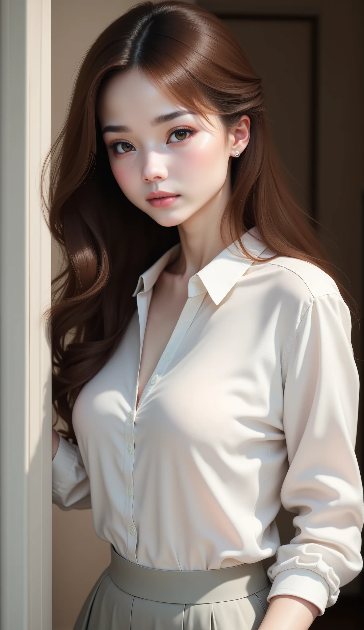 white shirt、woman、中央にwomanの顔、womanの上半身