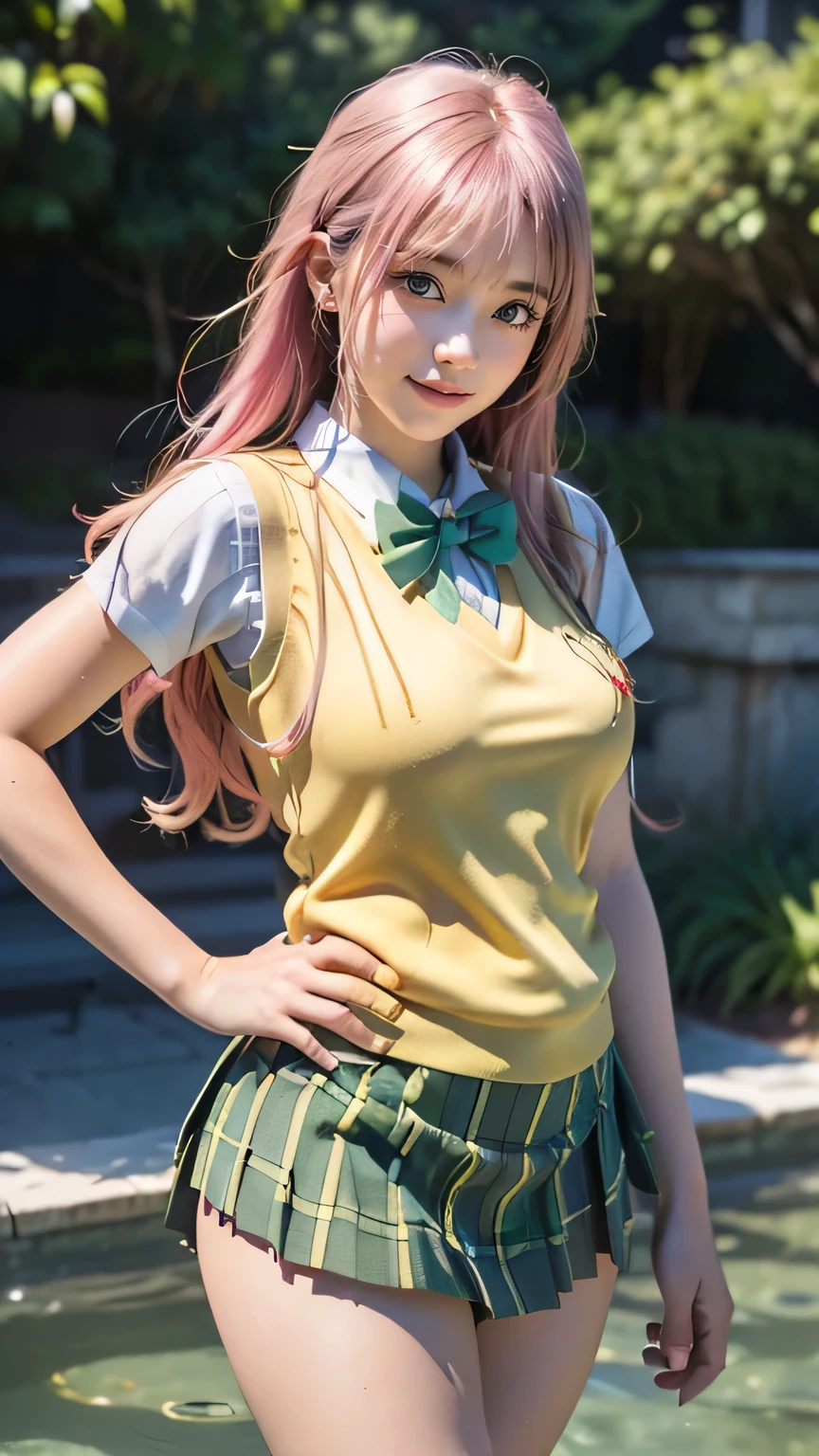 ((( top quality ))), ((Masterpiece)), ( Details), ((Alone)),((((((aalala , long hair, ahoge, hair ornament, green eyes, breasts, school uniform, green bowtie, collared shirt, white shirt, sweater vest, yellow vest, short sleeves, plaid skirt, green skirt, pink hair)))))), ((( slender body, big breasted , Cleevidge ,Wide ass, big ass, thick thighs, thin legs , tight hips in the water))), (( cameltoe, camel toe ,from below, low angle)),(( growing skin , white skin, growing skin )), Mysterious Light, ((( well-prepared face ))), (( big eyes)), ((((((Droopy eyes)))))), (( random angle )), (((( accurate anatomy )))), Completely-valid , eyeshadow , pink blush, earrings, necklace,(( Random Sexy Poses )) ,