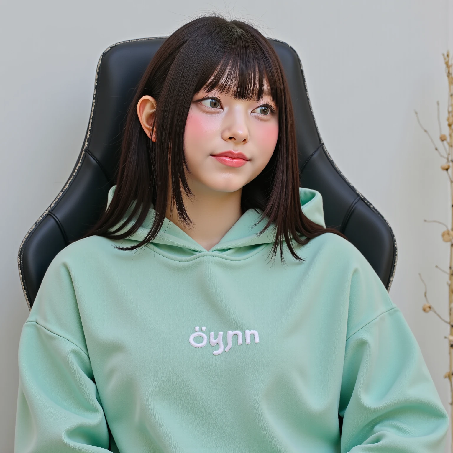21yo girl, green hair, bob hair, bang hair, (wearing white oversize hoodie), natural medium breast, plump body,single sidelock hairpin blush, modern cinematic lighting, ray tracing, drop shadow wide shot UHD, textured skin, high details, best quality 4K, squat pose on the bed, setup face, sad.”