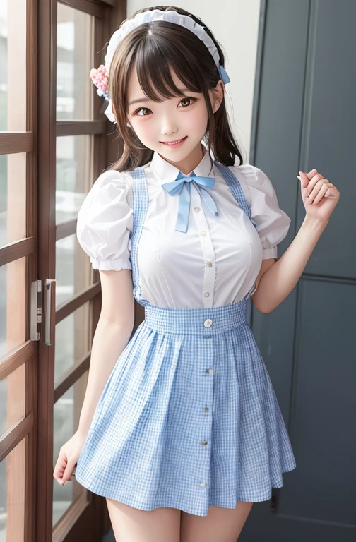 Photorealsitic, Bright indoor, Soft light, Low contrast, Shallow depth of field, Beautiful adult woman illuminated by gentle light, short length bangs, hair color is a dark chestnut shade with a slight brown tone, hair with a subtle and gentle wave, Short bob hair, Decorate your hair with ribbons, (White blouse with ruffles), (a bow tie), (Blue long skirt), (Silk white ankle-length socks、with frills), (is standing:1.5), (Full body:1.5)