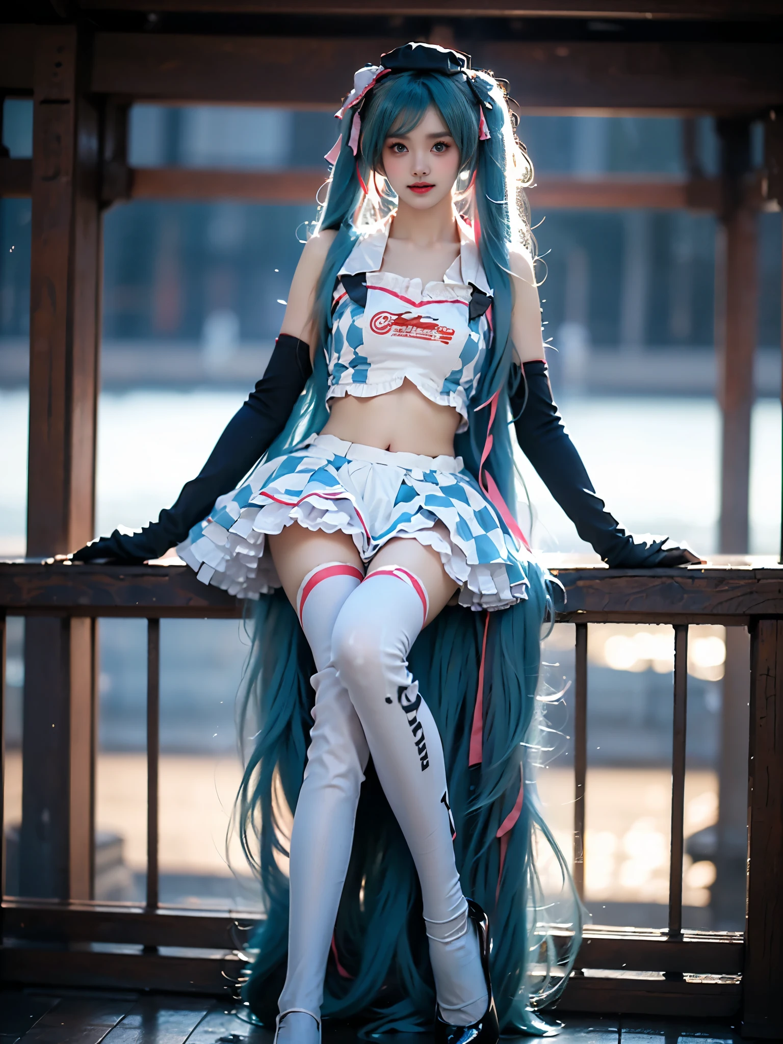 hatsune miku cosplay costume, hatsune miku, racing miku, cosplay, aqua hair, twintails, very long hair, crop top, checkered clothes, midriff, navel, multicolored gloves, elbow gloves, hair ribbon, ribbon, hat, skirt, frilled skirt, thighhighs, print legwear, high heels
(masterpiece:1.4), (photorealistic:1.3), (cowboy shot:1.3), (Sitting position:1.4), 1girl, beautiful asian fashion model,(anatomically perfect human body:1.8),(perfect golden ratio proportions:1.6),(slim hourglass figure:1.4),(anatomically correct legs:1.8),(perfect leg structure:1.8),(realistic feminine legs:1.7),(straight natural legs:1.6),(legs 1.5x torso length:1.6),(thighs equal shins length:1.6),(smooth continuous leg lines:1.6),(perfect knee structure:1.7),(natural calf muscles:1.6),(proper ankle alignment:1.6),(elegant sitting pose:1.4), against staircase railing,(anatomically natural pose:1.6),(right leg extended at 170 degrees:1.5),(left leg relaxed bent at 110 degrees:1.5),(stable hip position:1.5),professional fashion photography, sharp focus,detailed lighting, 8k uhd, high end magazine style