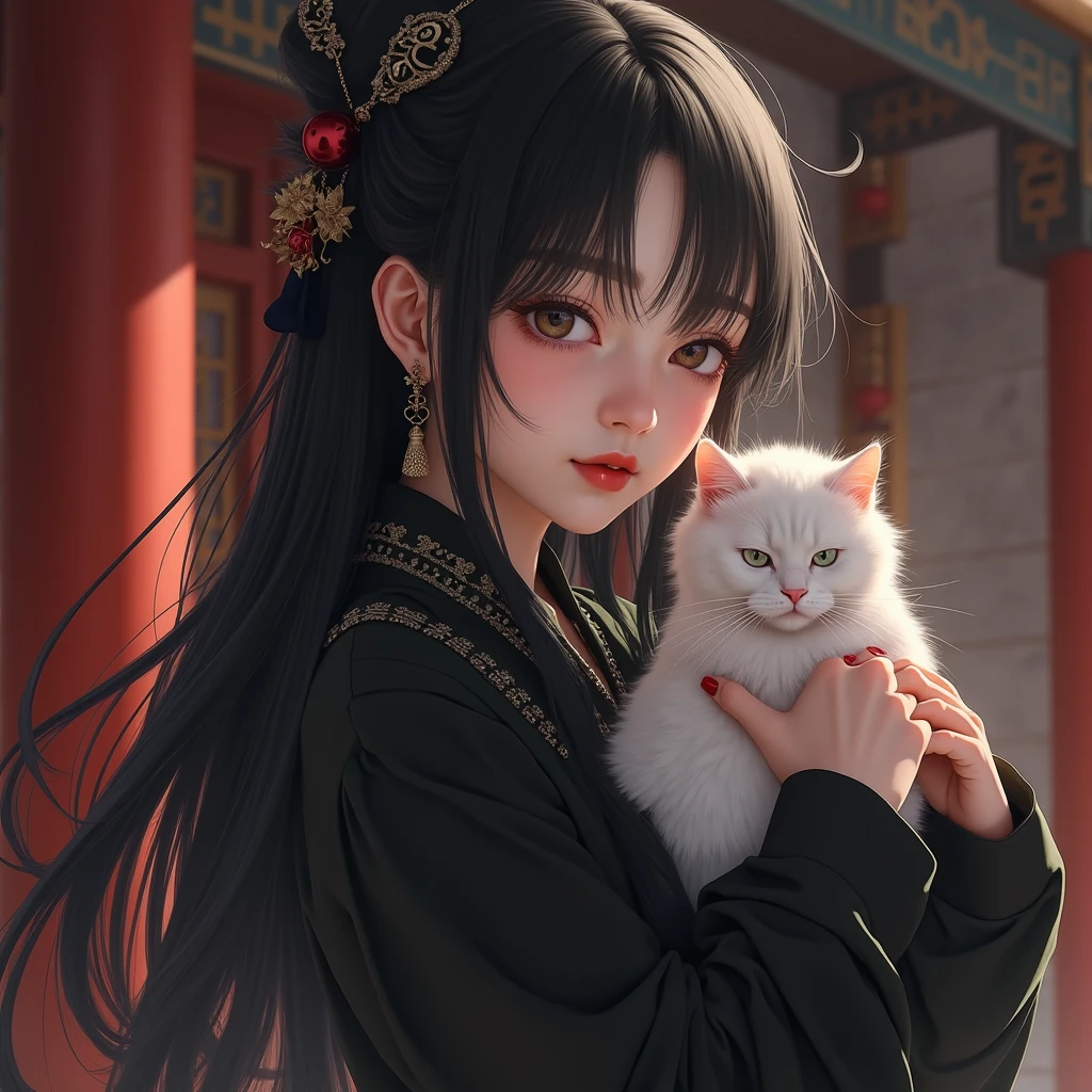 On an empty steppe，A 4-year-old girl，Round Face，Black long hair，Pink Hanfu，Holding a white cat，happy