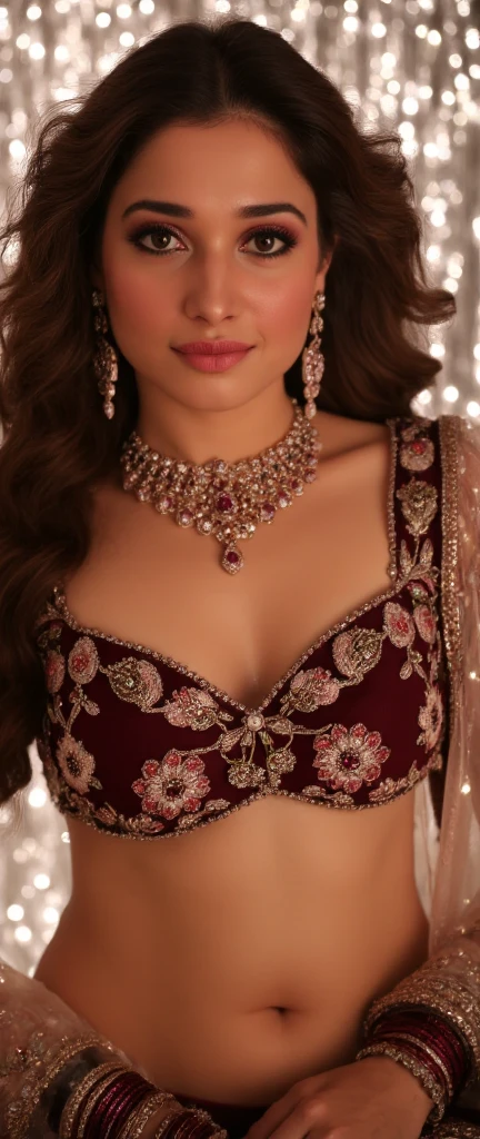 Full body photo portrait of beautiful indian
, looking at viewer, lense flare, (realistic eyes, symmetric face:0.8) (masterpiece:1.2) (photorealistic:1.2) (bokeh) (best quality) (detailed skin) (intricate) (8k) (HDR) (cinematic lighting) (sharp focus), big , sparkling day dreams eyes. Navel . Jwellery, necklace, earings ,bangles, long hair style looks poses beautiful flower printed lehenga big deep , front view body waist chain navel show , looks poses , deep tight show , looks , long hair style