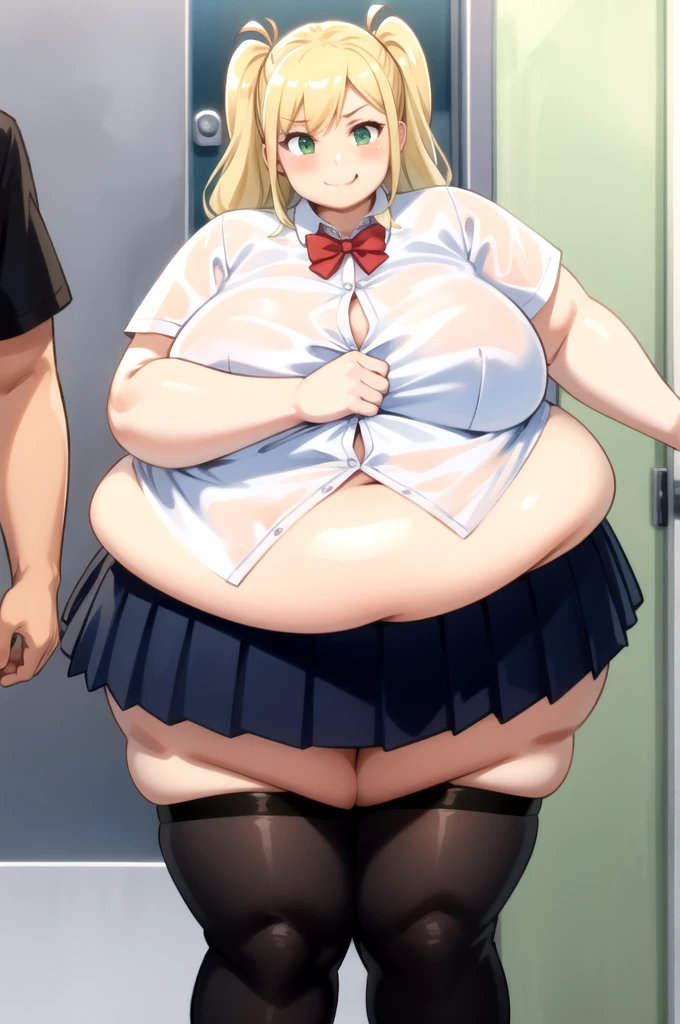 1girl, ((((bottom heavy figure)))), plump, incredibly plump, (((big belly))), pout, embarassed, wide, (((obese))), (((fat))), ((love handles)), double chin, out of shape, obese, fatty, (((flat chest))), shortstack, short woman, small height, mature, standing, full body, obese, fatty, out of shape, bbw, ssbbw, Hyasaka Ai, blonde hair, blue eyes, very long hair, pleated skirt, white shirt, blue skirt