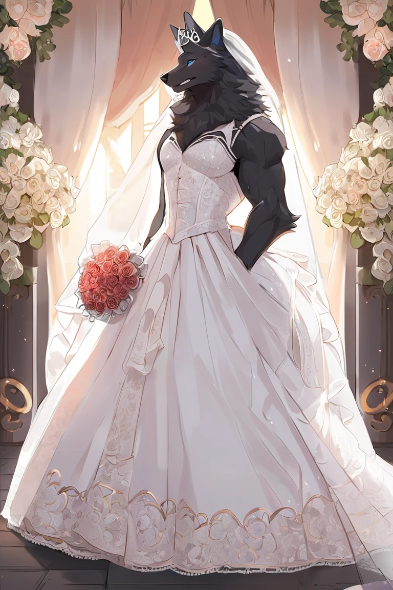 1 person、(((A male Turian wearing white lace underwear)))、garrus vakarian、mass effect、masterpiece、Highest quality、lace garter belt、Lace Knee High Socks、ribbon、Wedding Veil、church、Spotlight、Grey body、Sharp Eye、He is wearing a wedding ring on his left hand、Holding a bouquet、Wedding dress