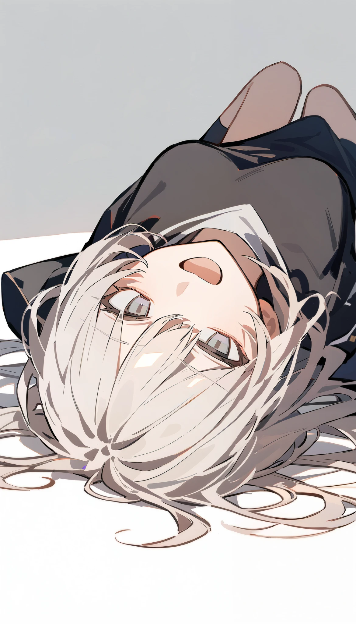 girl is lying down, open mouth, blank stare, white background