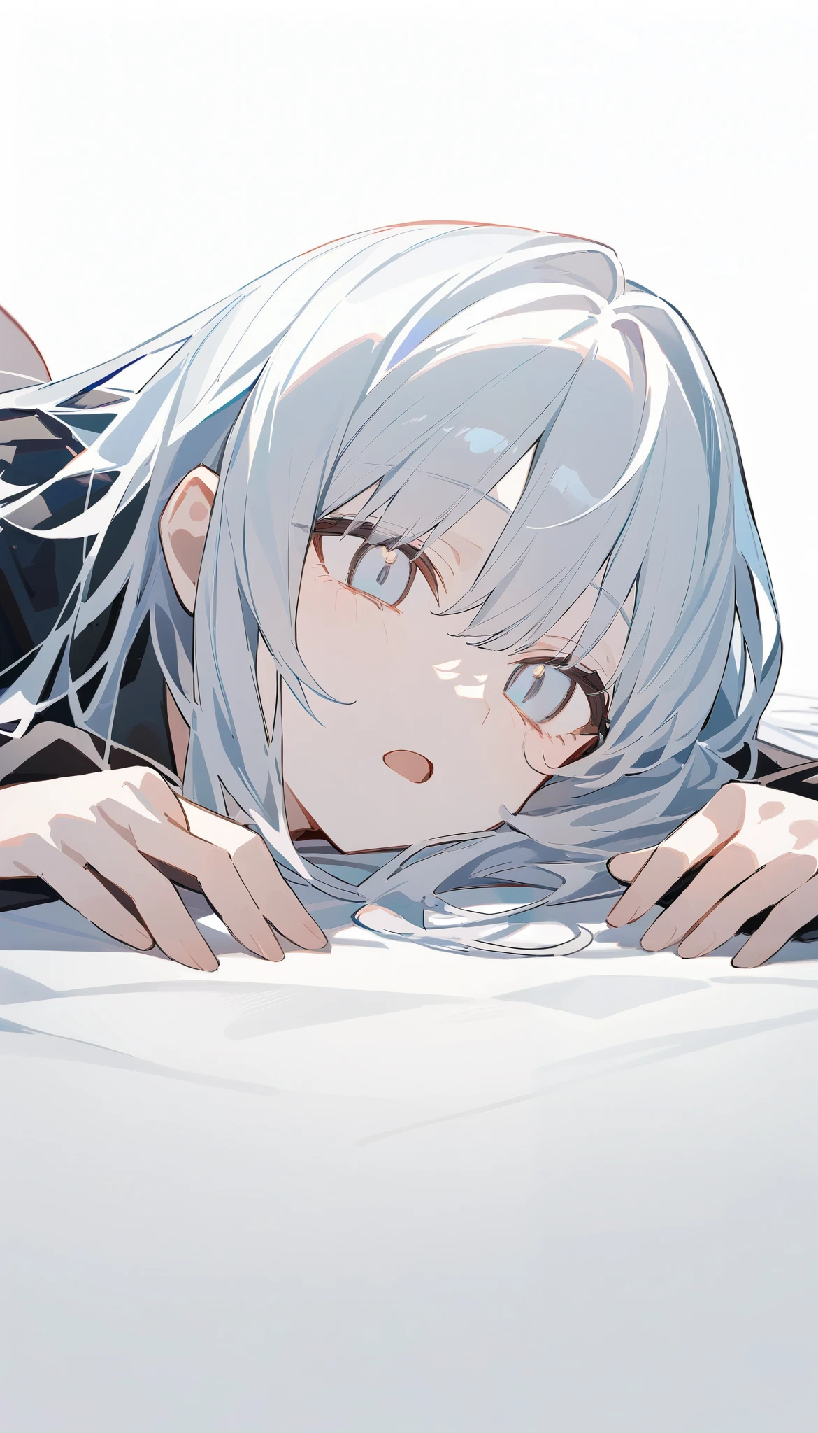 girl is lying down,  open mouth, blank stare,  white background
