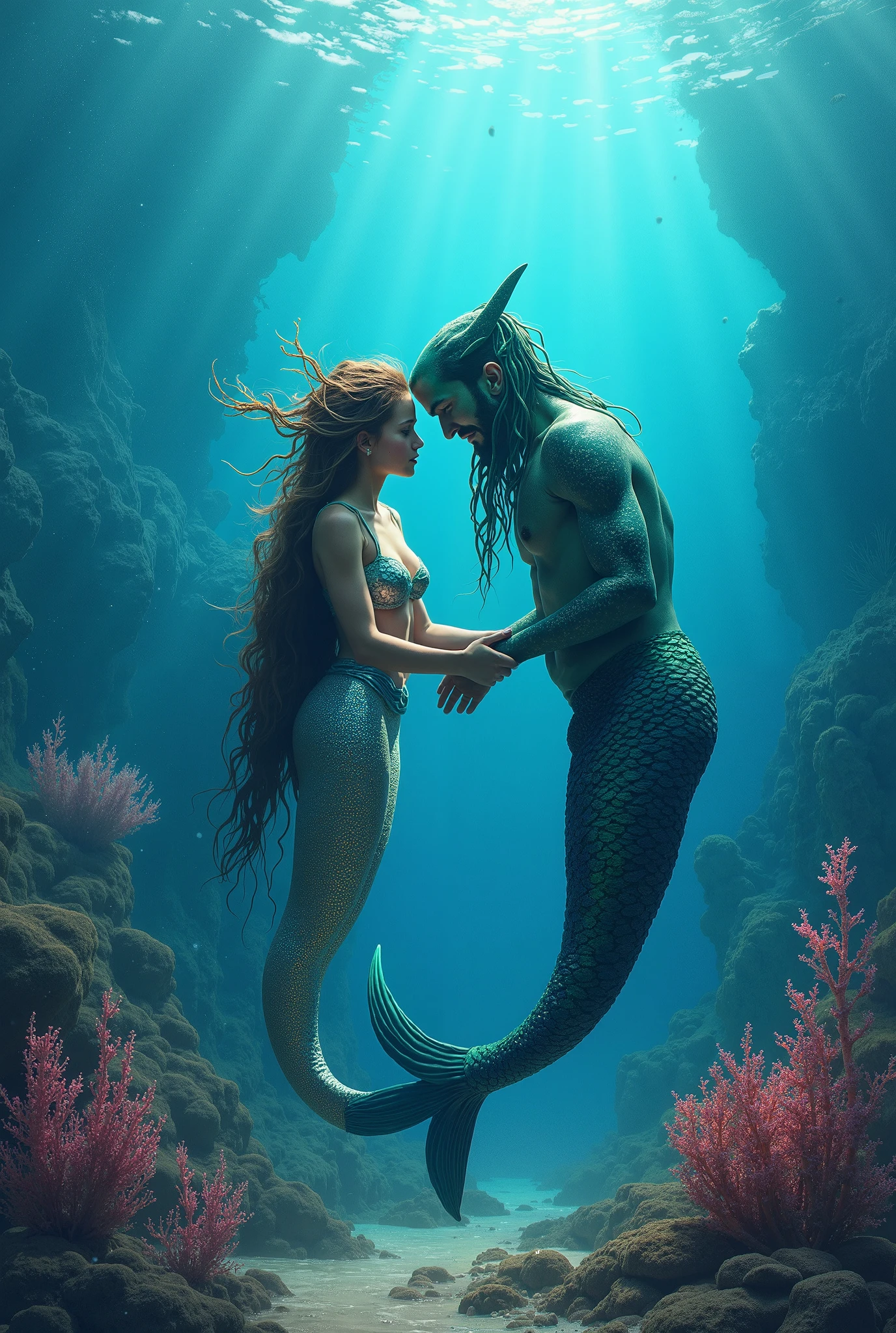 Scene 8: Leo Singing Under the MoonlightPrompt: A peaceful nighttime underwater scene where Leo, now fully a merman, is singing to Lyra under the light of the full moon. They are floating in the water near the surface, with the moon casting a soft glow that penetrates the water, creating an ethereal atmosphere. Lyra listens with a serene smile as Leo's voice echoes through the ocean. Above them, the stars shine brightly, and the waves gently ripple, creating a calm and beautiful setting.