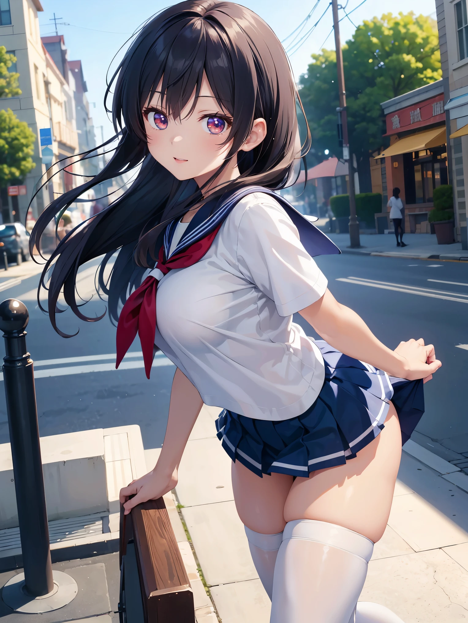 very cute and beautiful girl,(highly detailed beautiful face and eyes:1.2), solo, huge breasts, (underboob), lift shit, (((blush))), ((embarrassed)), (sailor school uniform), (navy blue pleated mini skirt:1.15), from below, crotch focus, (white panties, lift skirt, pantie shot,) (town overview), detailed landscape, black hair,(best quality,masterpiece:1.2),intricate details, extremely detailed, 8k resolution, solo, natural lighting, hair fluttering in the wind,