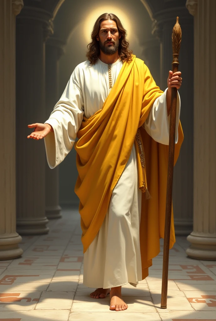 a 2.5d render, jesus wearing a gold lamiae suit and leather sandal hightops, standing, eating, hamburger, action pose, background ancient Jerusalam