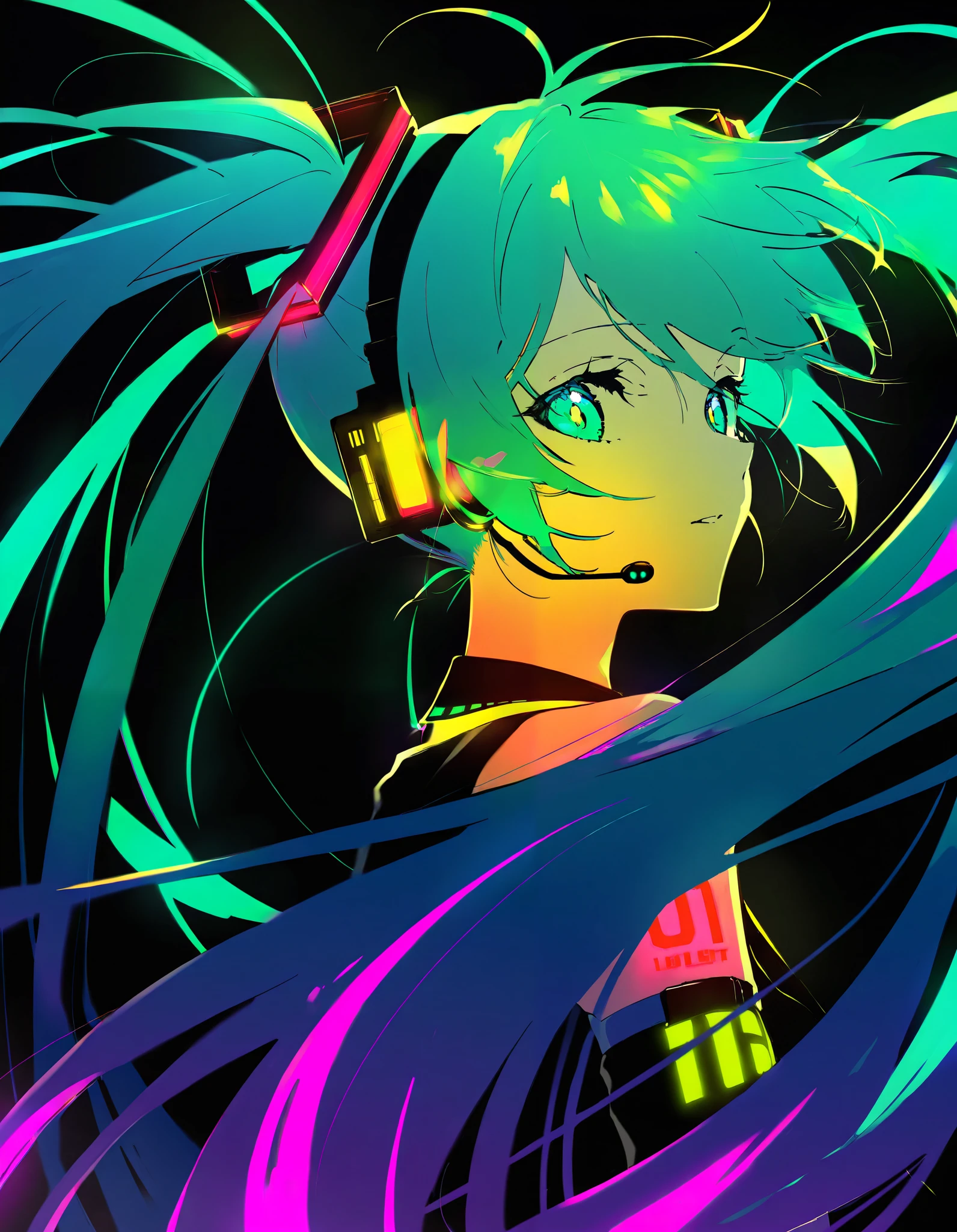 Hatsune Miku, limited palette, black background, colorful, vibrant, glowing outline, neon, blacklight, looking at viewer, 
very awa, masterpiece, best quality, high quality, newest, recent, year 2024, absurdres,