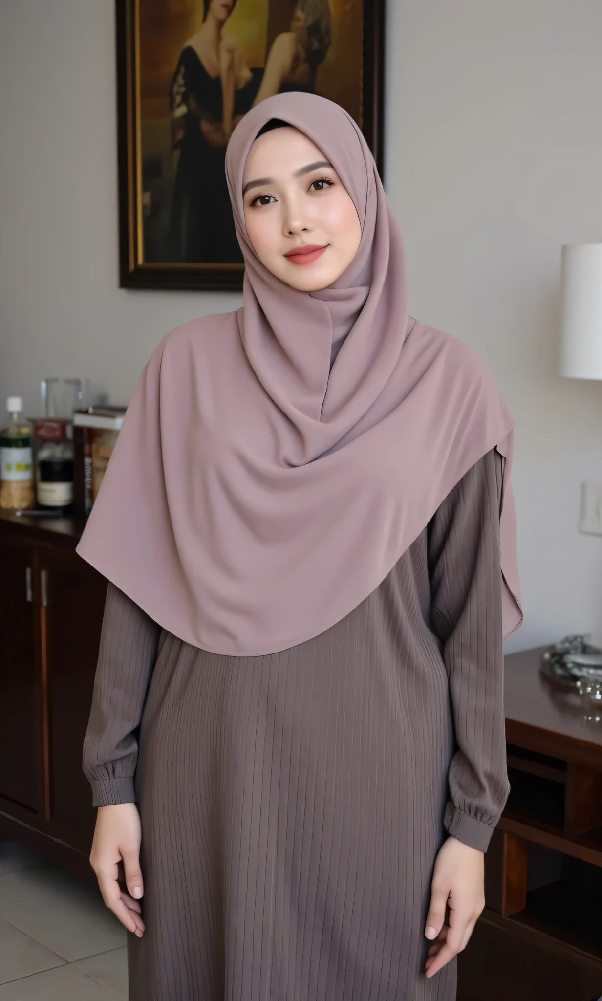 (Masterpiece: 1.2, Best Quality), Realistic, (Realistic Picture, Complex Details, Depth of Field), Best Quality, Masterpiece, Highly Detailed, Realistic, 1 mature, indonesian old wife, 45 Years Old, chest forward, big breasts, thin lips, beautiful and seductive, curvy body, wearing hijab, wearing housedress, full body view, look at viewer, full photo, background living room, randomly pose