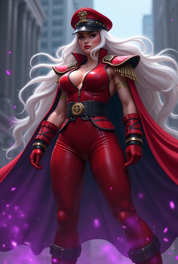 An extremely muscular blonde elf with long ears, a warrior with huge muscles, white clothes she wears an imperial uniform showing her strength of the white color, your corneas eyes are of dragon, undercut haircut on the shaved part of the hair with a dragon design, She has horns that come out from behind her skull and go forward like a crown., has clenched teeth, She wears a giant red cape with a high collar and is very flashy., His muscular arms show prominent veins, highlighting his physical strength., Maori tattoos up to the forearm, has claws instead of nails, is laughing with his mouth open in a villainous pose. Woman. Art drawing Cartoon 2D. Size 1920x1080