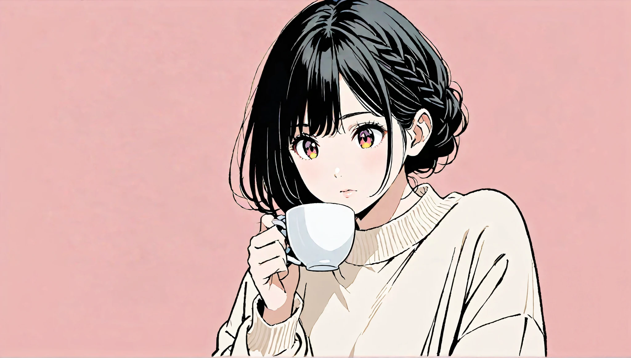 (( have cups)),(Pop Color)),masterpiece, ((())), with a bleak expression、Highest quality, Beautiful attention to detail, Very detailed, In detail, High resolution, Perfect Anatomy, , , girl, (one person:1.5), alone, (Braided hairstyle for black hair), Black Eyewear、 ( wearing a white sweater), (( Simple Solid Color Background))), Background, (City Pop anime), Kyoto Animation, ,anime,