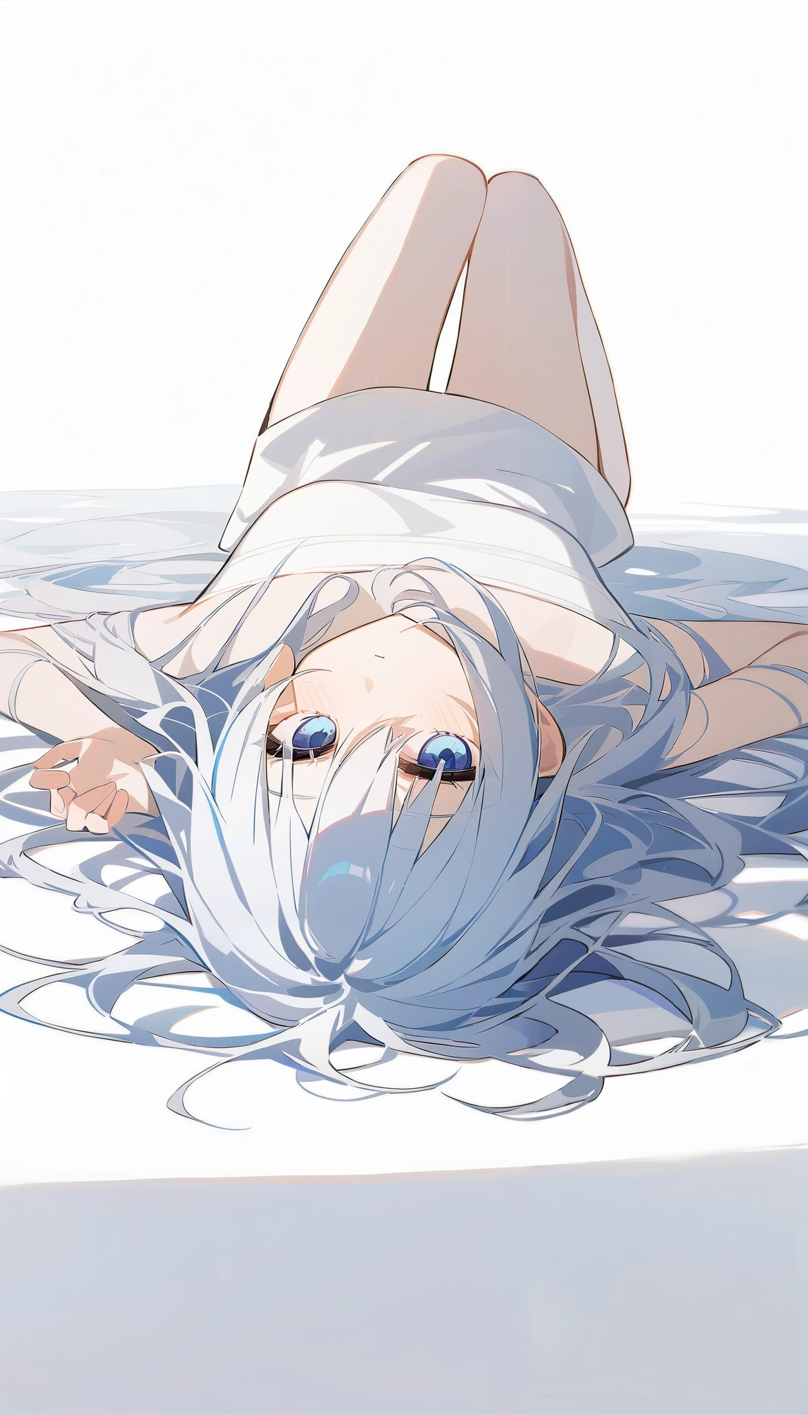 the girl is lying blank,  white background
