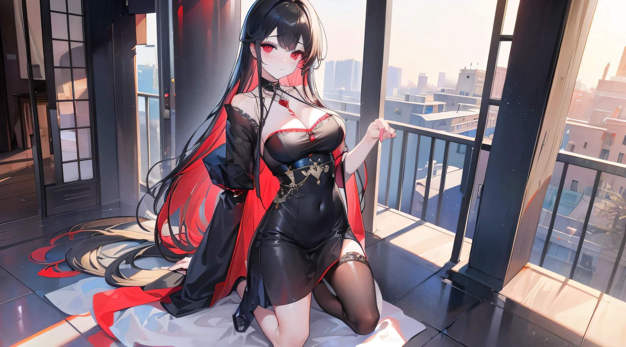 arafed woman in a black dress posing on a bridge, cyberpunk art by Yang J, trending on cg society, shin hanga, trending at cgstation, wearing a tight black dress, gorgeous chinese model, anime girl wearing a black dress, chinese girl, anime girl cosplay, cute elegant pose, tight dress, skintight black clothes, tight attire