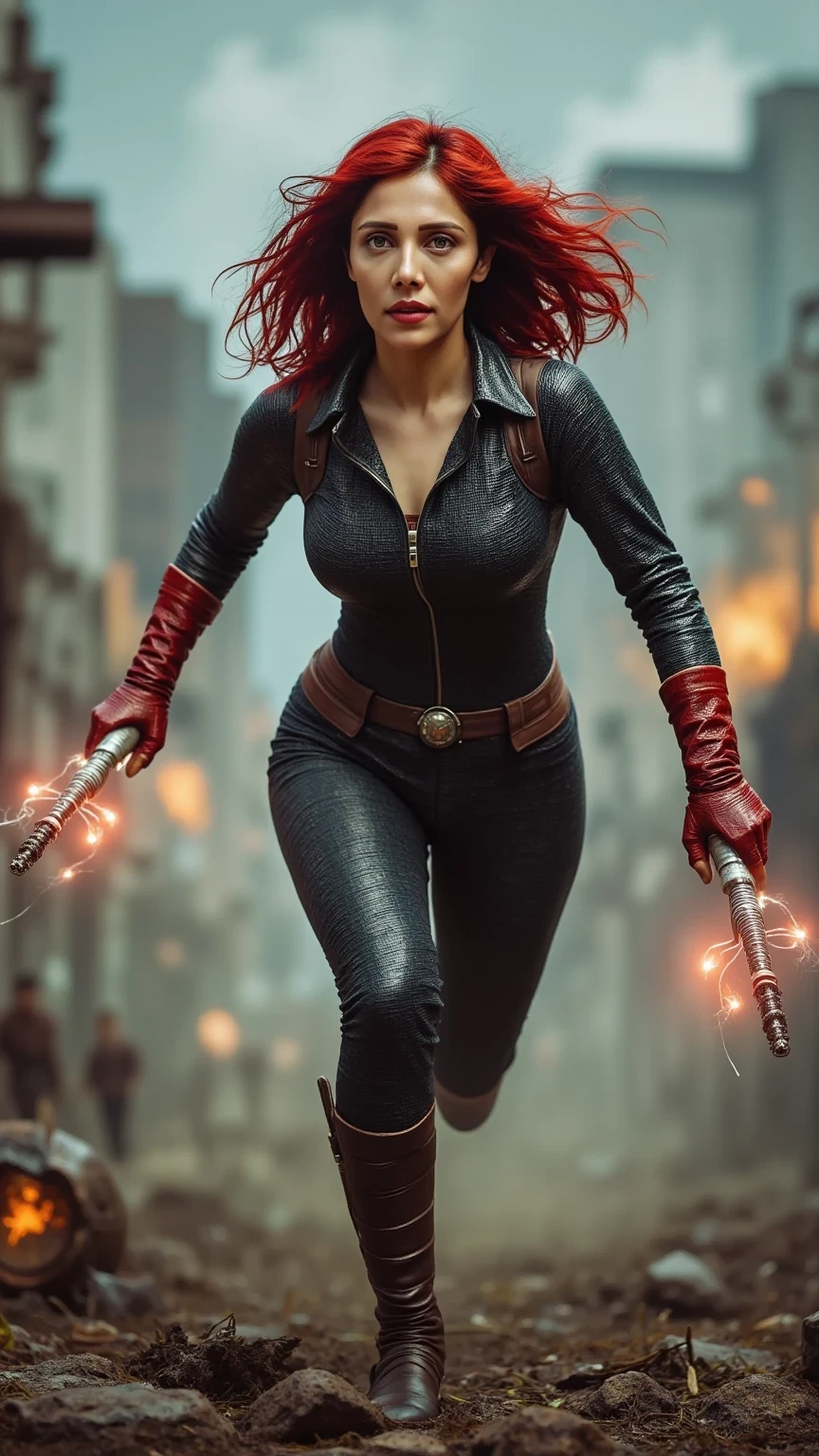 Portrait of Black Widow mid-sprint on the battlefield, her face calm and devoid of emotion as she charges forward. Her red hair flows behind her, streaked with dirt and sweat. She wields her electrified batons, the glowing energy illuminating her suit and casting faint red reflections on her battle-scarred armor. The chaotic backdrop features collapsing structures, alien forces, and swirling smoke, with light from distant explosions adding depth to her composed yet dynamic figure.