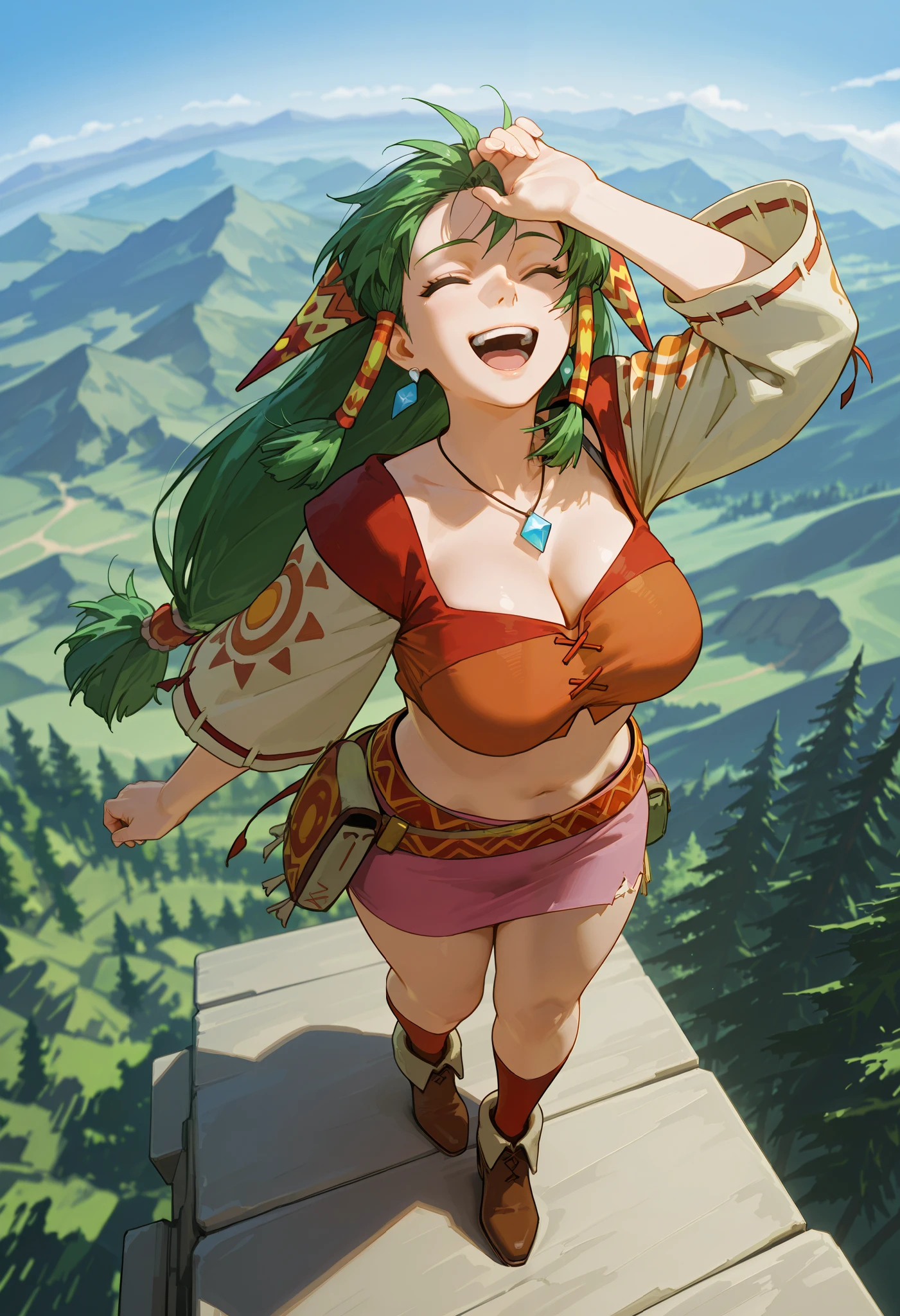 26 yo, face look alike to feena from \(Grandia\), Beautiful Mature young milf, (mature woman with lean perfection abdomen), (eyes watching forward below her), breathless - amazed expression, large natural breasts, Curvy body, (1hand on forehead seeing far ahead beyond the horizon eagerly and high-spiritedly - standing on top End of The World in fantasy classic Grandia settings), bronze brown colred decorated ground, (ps: End of the World is term in Grandia world for a bronze colored blocks after blocks that is build as far as the sky can touch, on each sides lays different world down there with different forest and ancient forest, standing eagerly, eyes open watching far ahead excitingly, laughing, exploration scene, solo, 1girl, BREAK, She wears an orange bra top that leaves her abdomen exposed, paired with a short pink skirt held up by a thin red belt. Covering her arms is a tan-colored shawl adorned with red patterns on both sleeves. Her long green hair flows down her back, with some sections tied through two patterned hair accessories. She completes her ensemble with ripped red socks that extend past her knees and brown shoes featuring tribal patterns similar to those on her belt and shawl, official arts, (dynamic jrpg top birds-eye view), fantastic fantasy vibrant background, standing on top the tallest brown colored ancient bronze-like mountain-like blocks cubes bronze brown colored - very very high in the sky, brown colored tile under her feet, jrpg fantasy sceneries, wide horizon shot, (dynamic fullbody top view), birds eye view, cinematic dynamic angles, fisheye lens, 