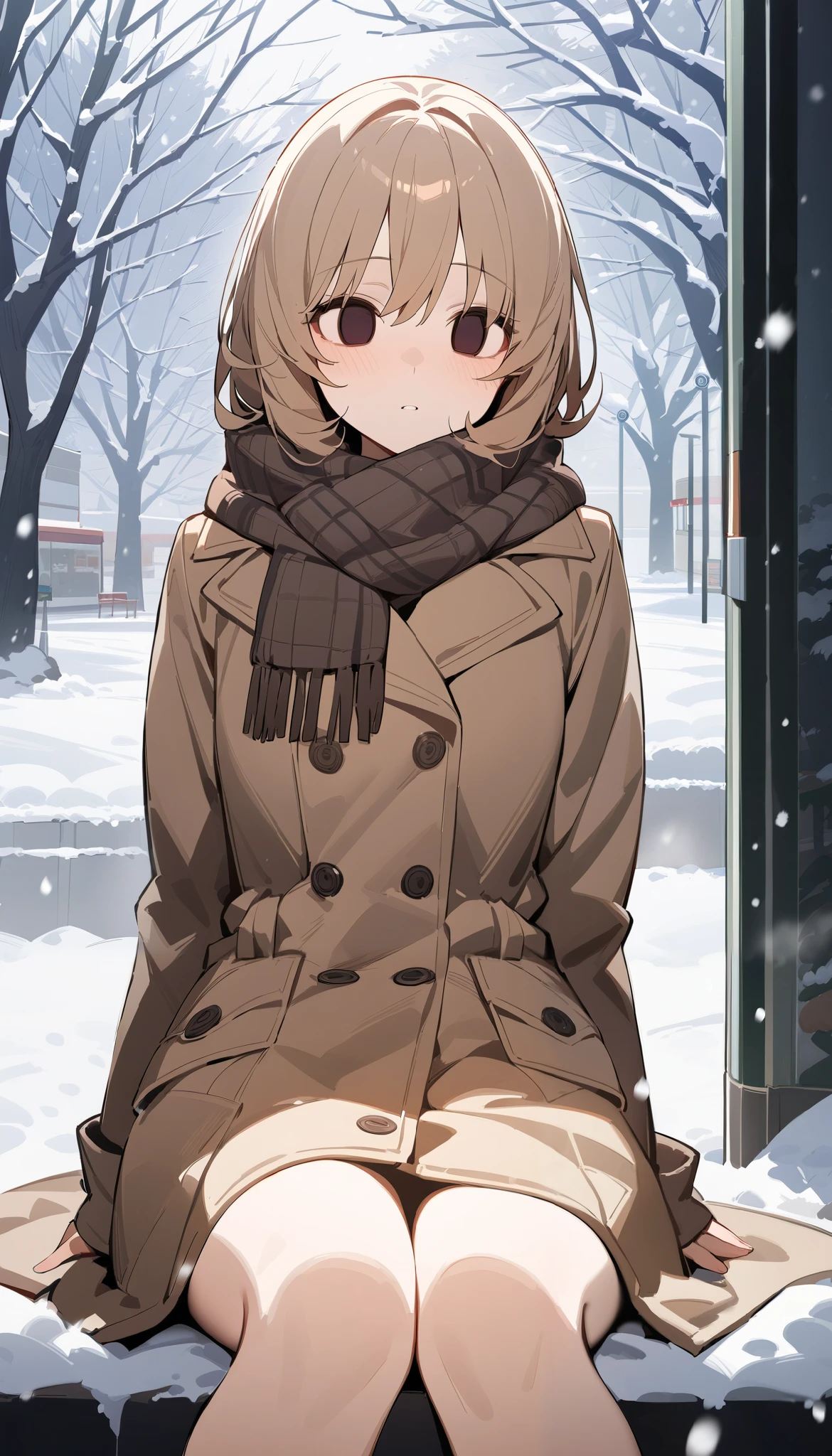 ( masterpiece),( ankle boots ),  girl, big face,,  brown coat, scarf, knees, empty eyes,  dispassionate face , Park, waiting, shop, snowfall, snowfall, tree,  nature,
