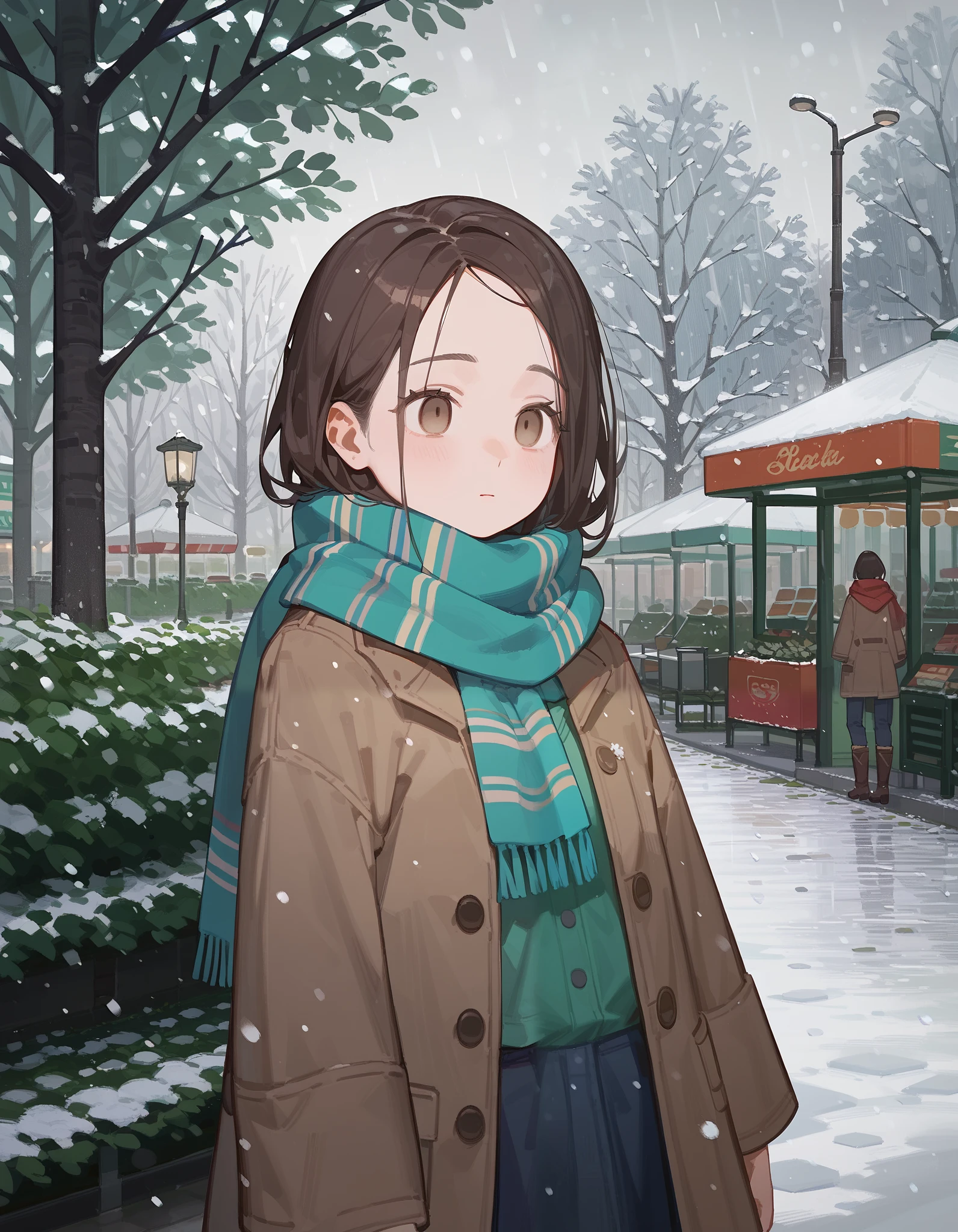 ( masterpiece),( ankle boots ),  girl,  brown coat, scarf, knees, empty eyes,  dispassionate face , Park, waiting, shop, snowfall, snowfall, tree,  nature,